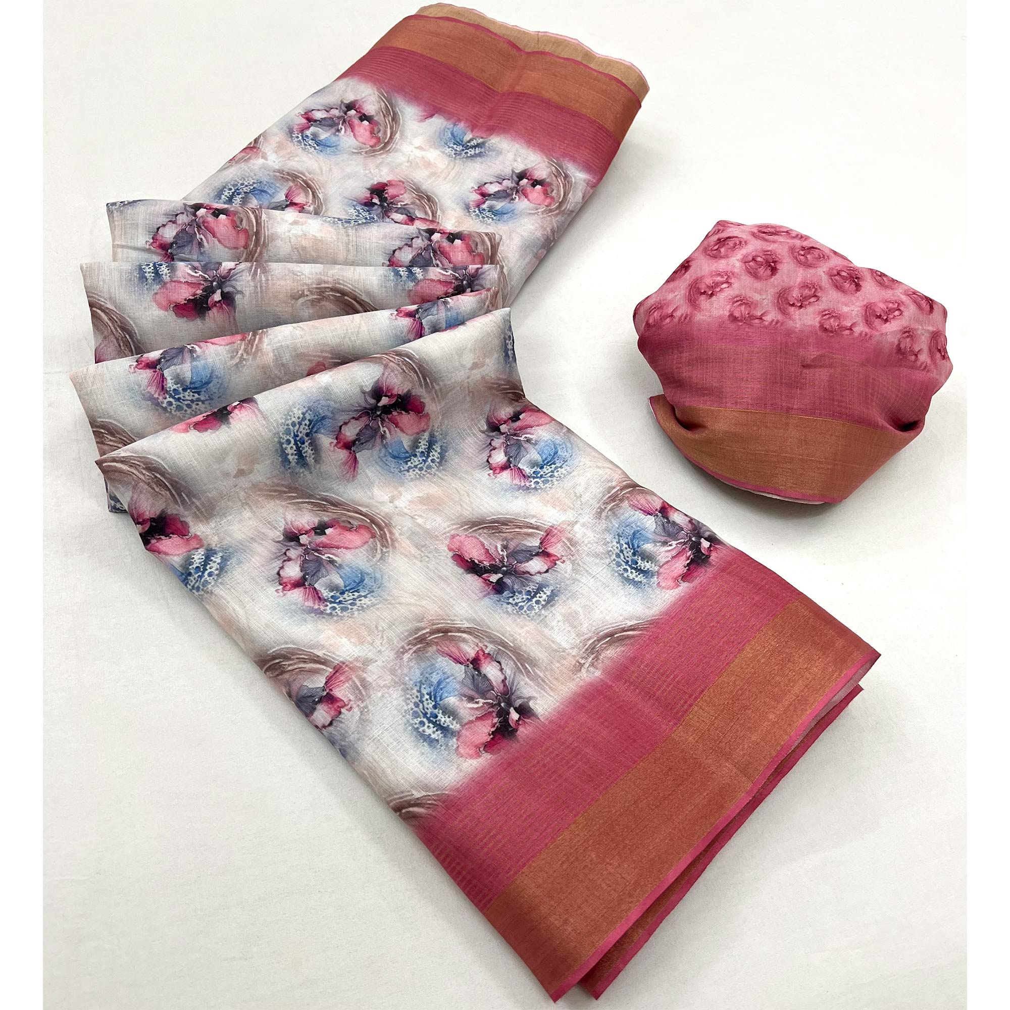 Grey Digital Printed With Woven Border Cotton Silk Saree