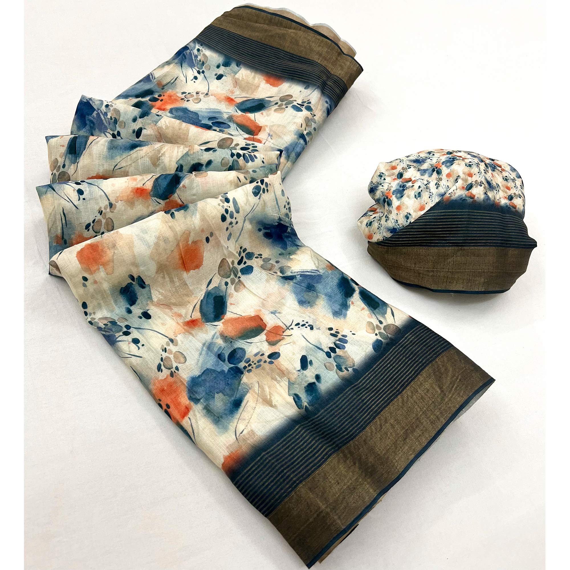 Cream Digital Printed With Woven Border Cotton Silk Saree