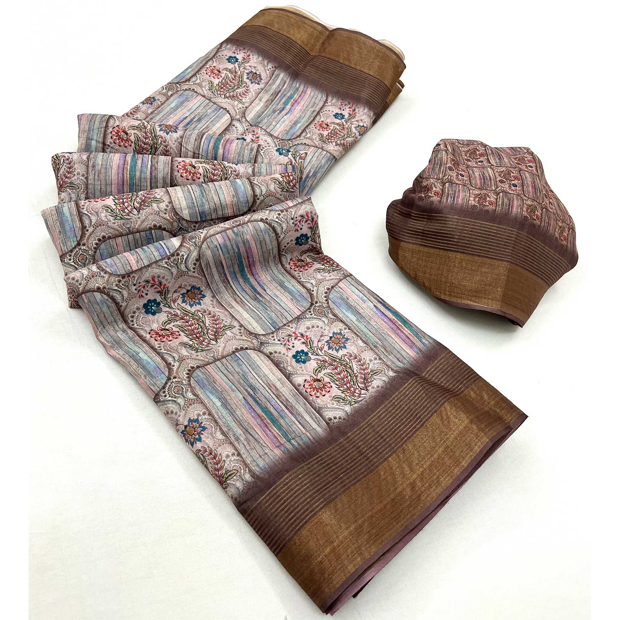 Beige Digital Printed With Woven Border Cotton Silk Saree