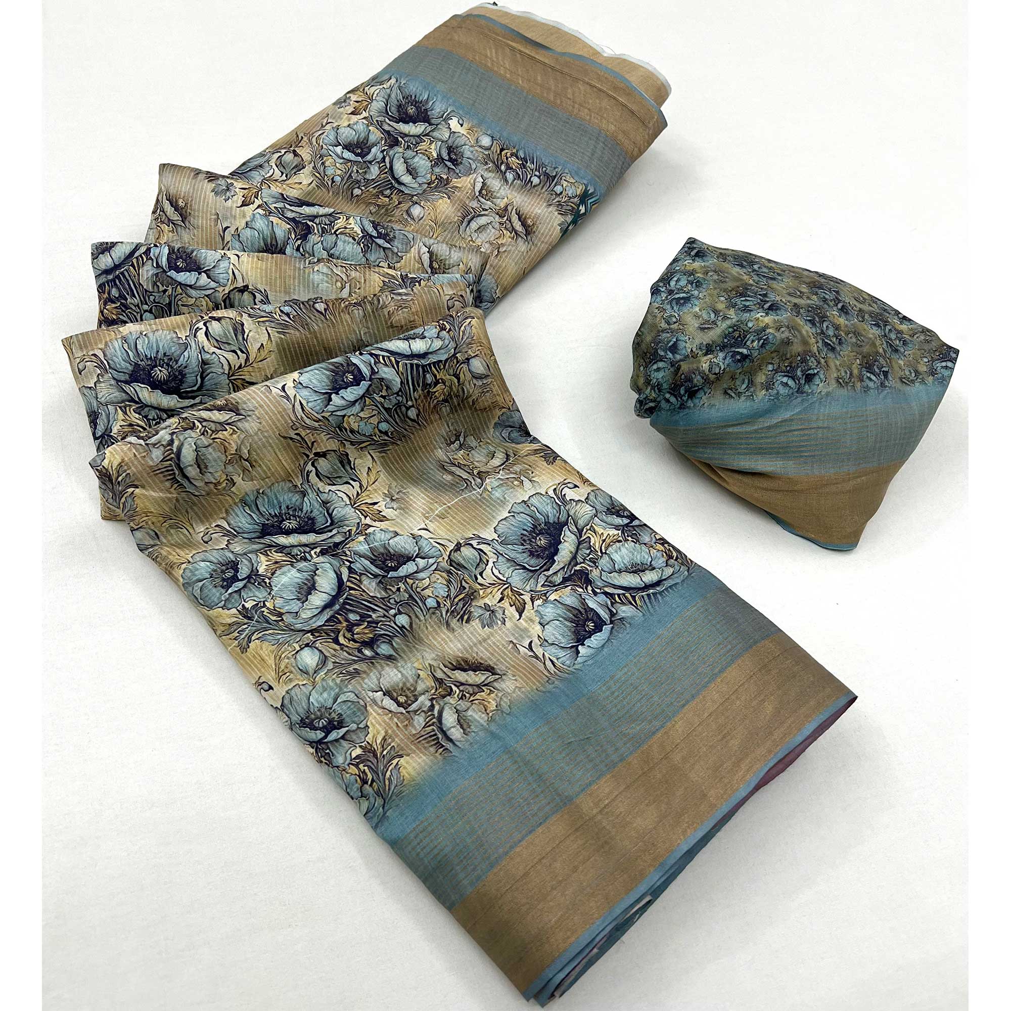 Green Digital Printed With Woven Border Cotton Silk Saree