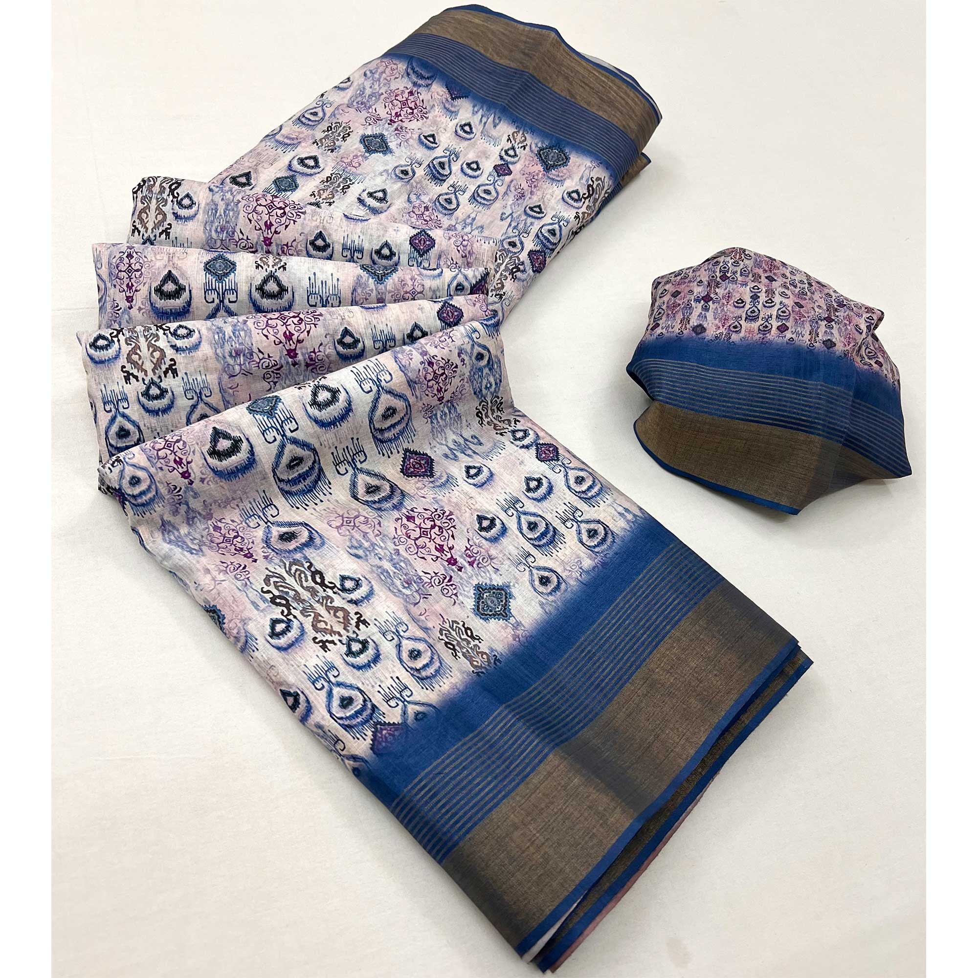 White & Blue Digital Printed With Woven Border Cotton Silk Saree