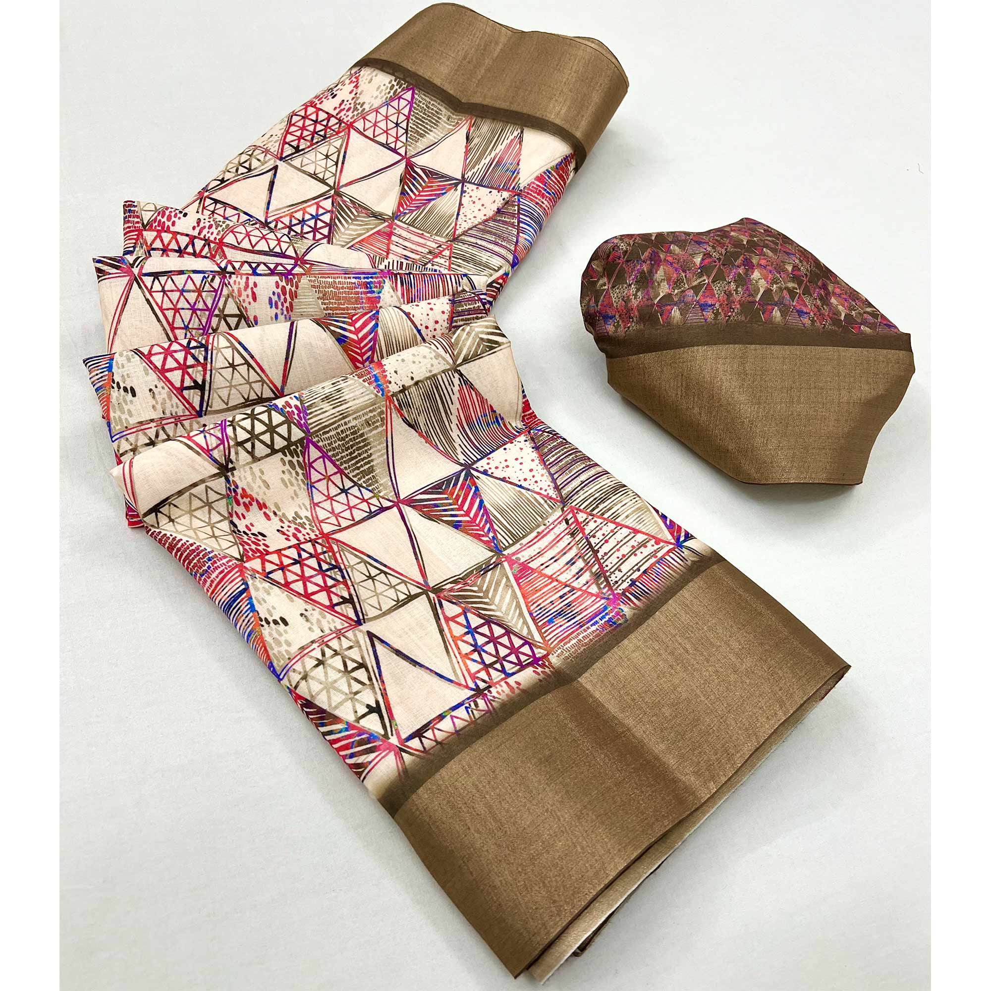 Beige Digital Printed With Woven Border Cotton Silk Saree