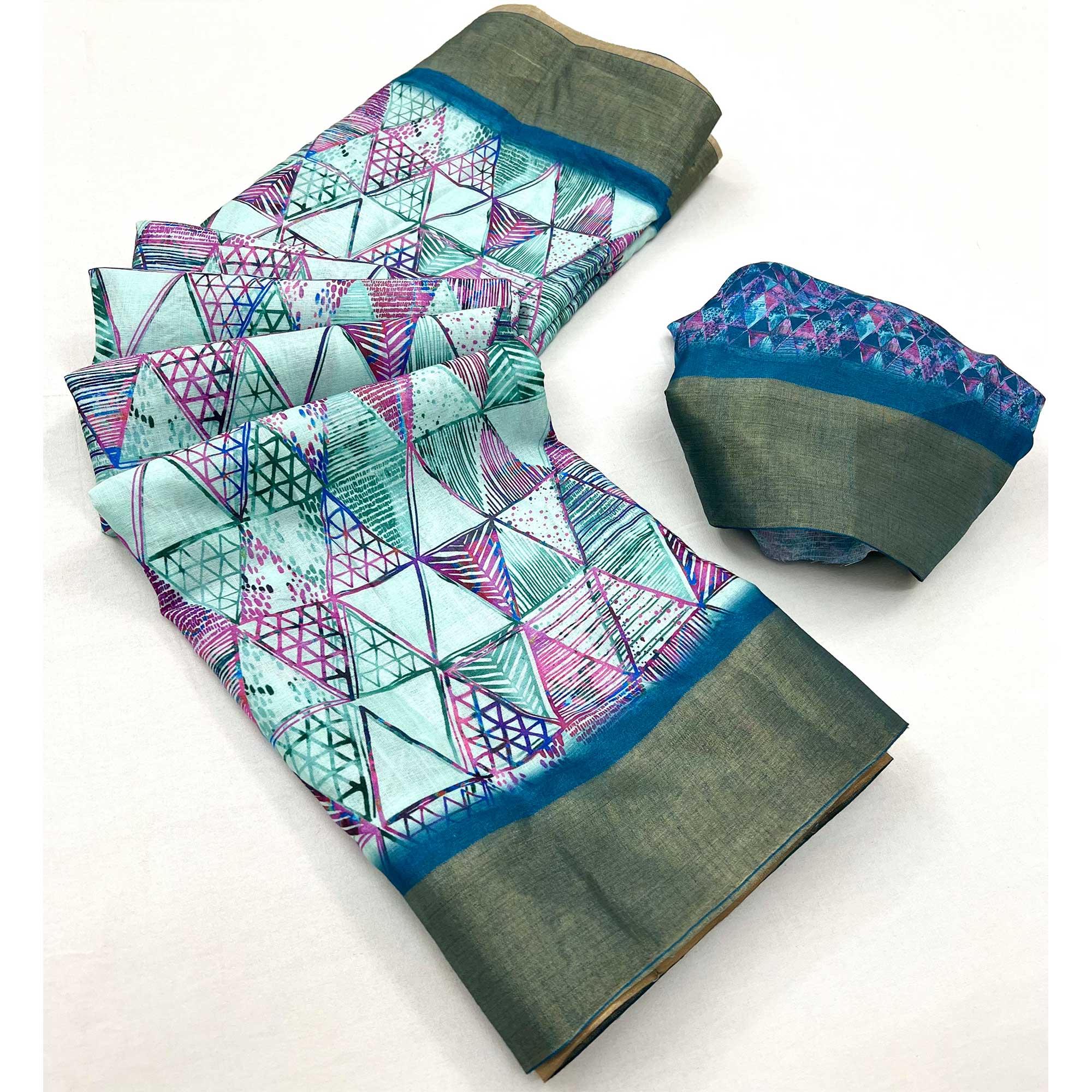 Turquoise Digital Printed With Woven Border Cotton Silk Saree