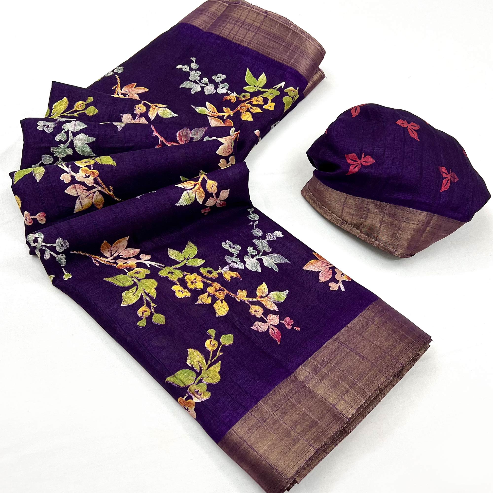 Purple Floral Printed Cotton Silk Saree