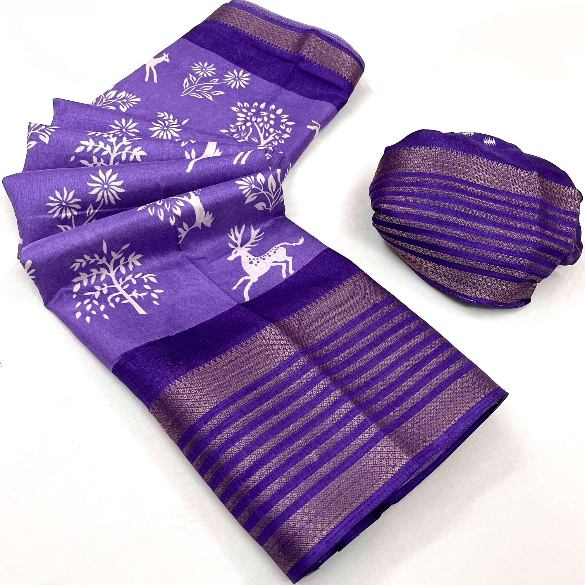 Purple Printed Dola Silk Saree With Woven Border