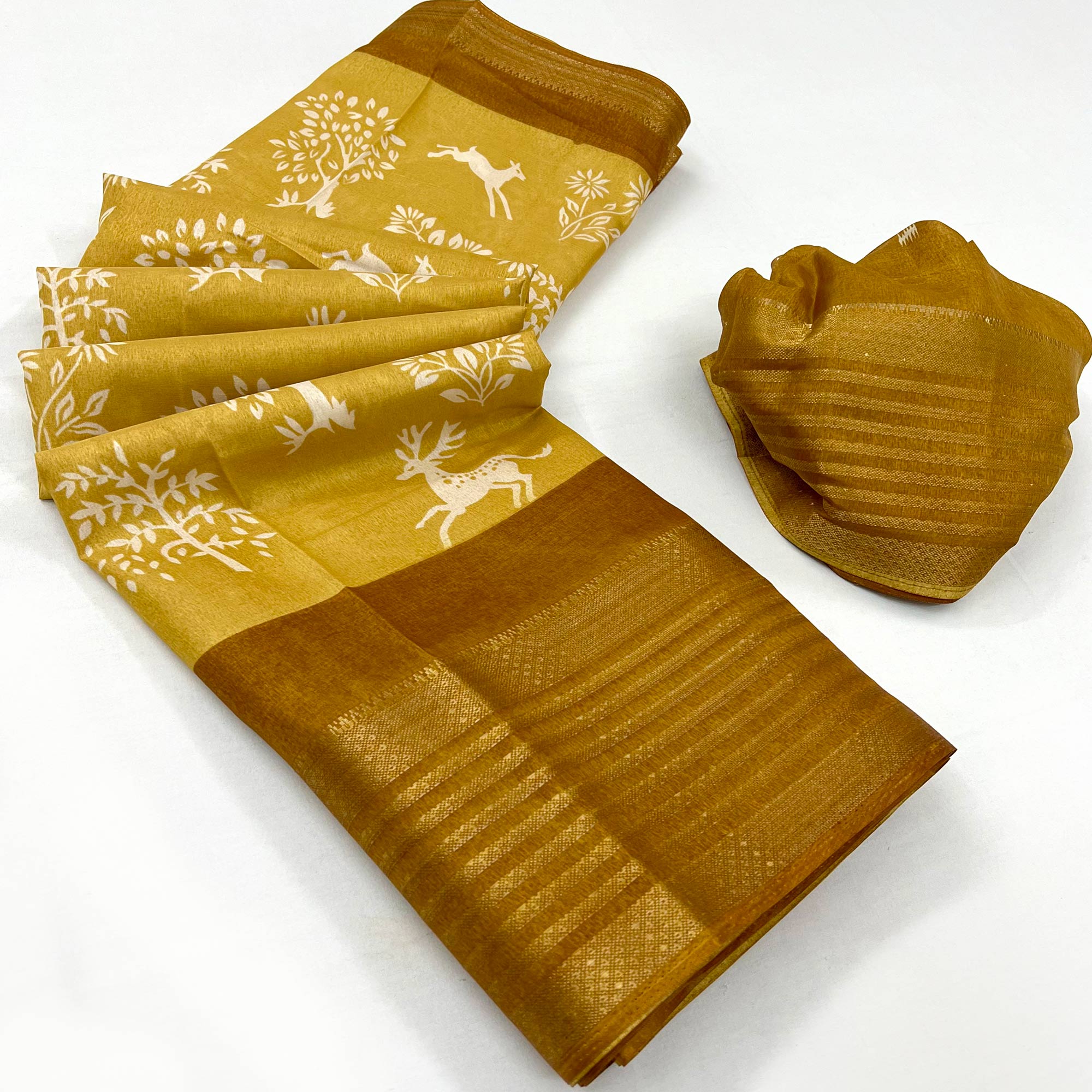 Mustard Printed Dola Silk Saree With Woven Border