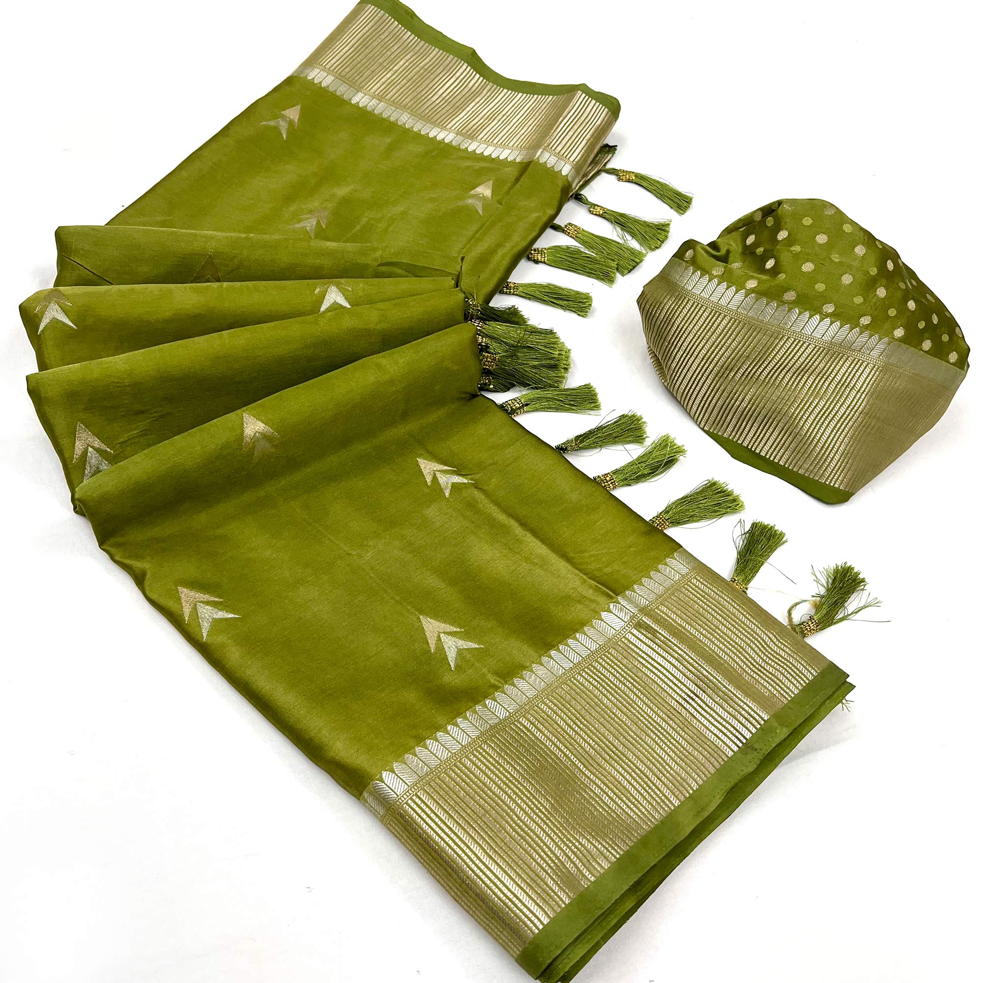 Green Woven Satin Silk Saree With Tassels