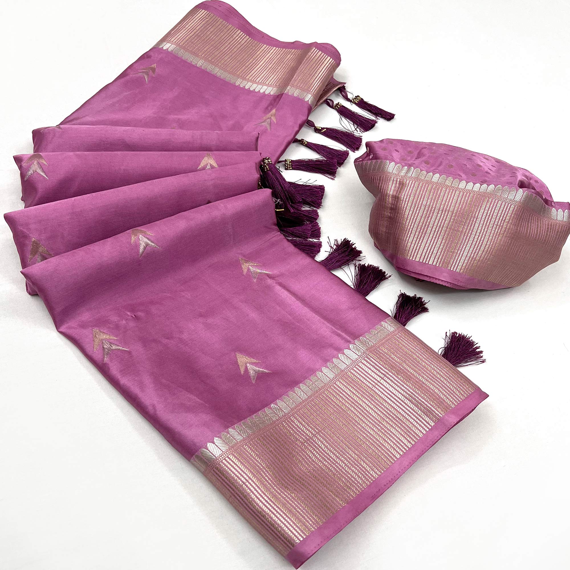 Pink Woven Satin Silk Saree With Tassels