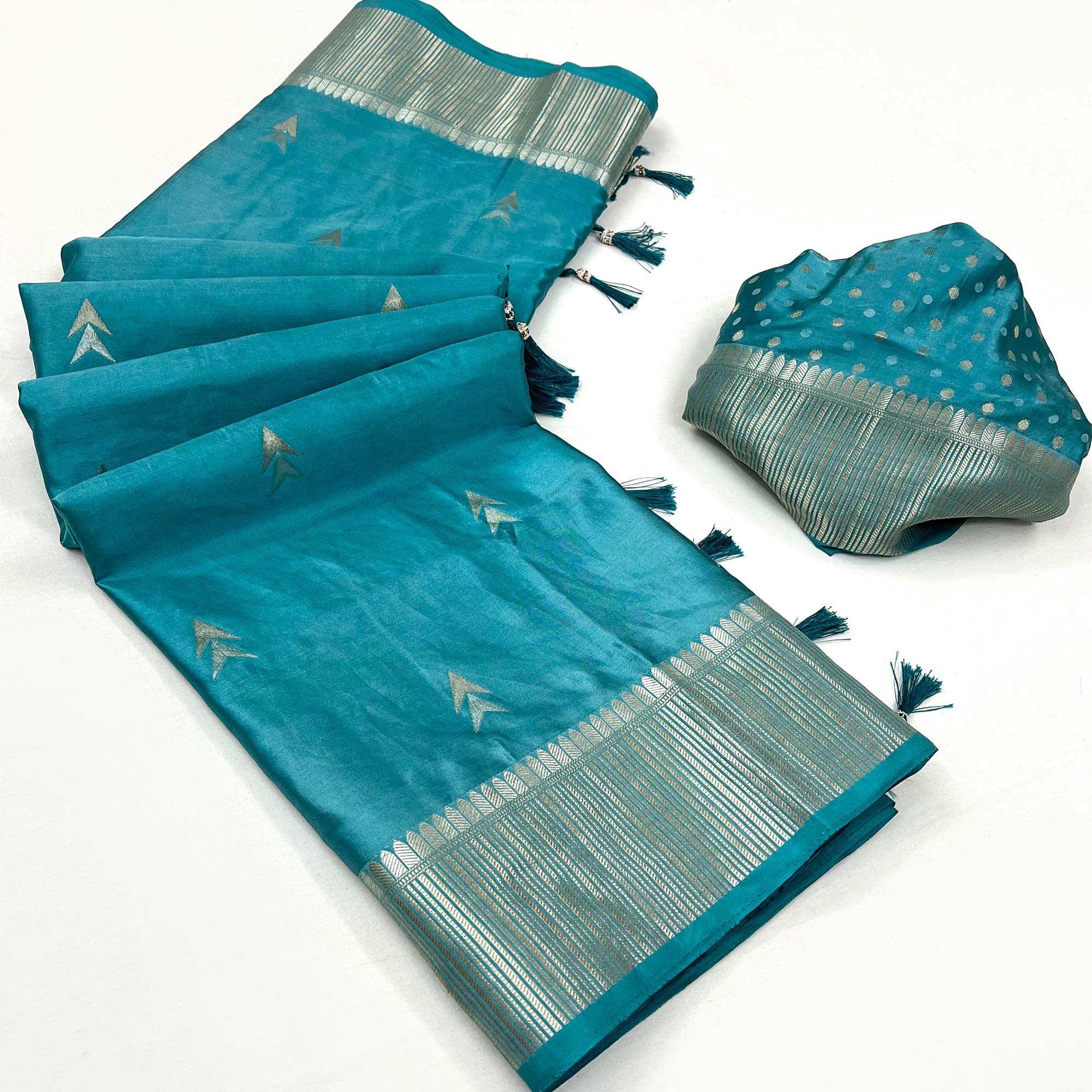 Blue Woven Satin Silk Saree With Tassels