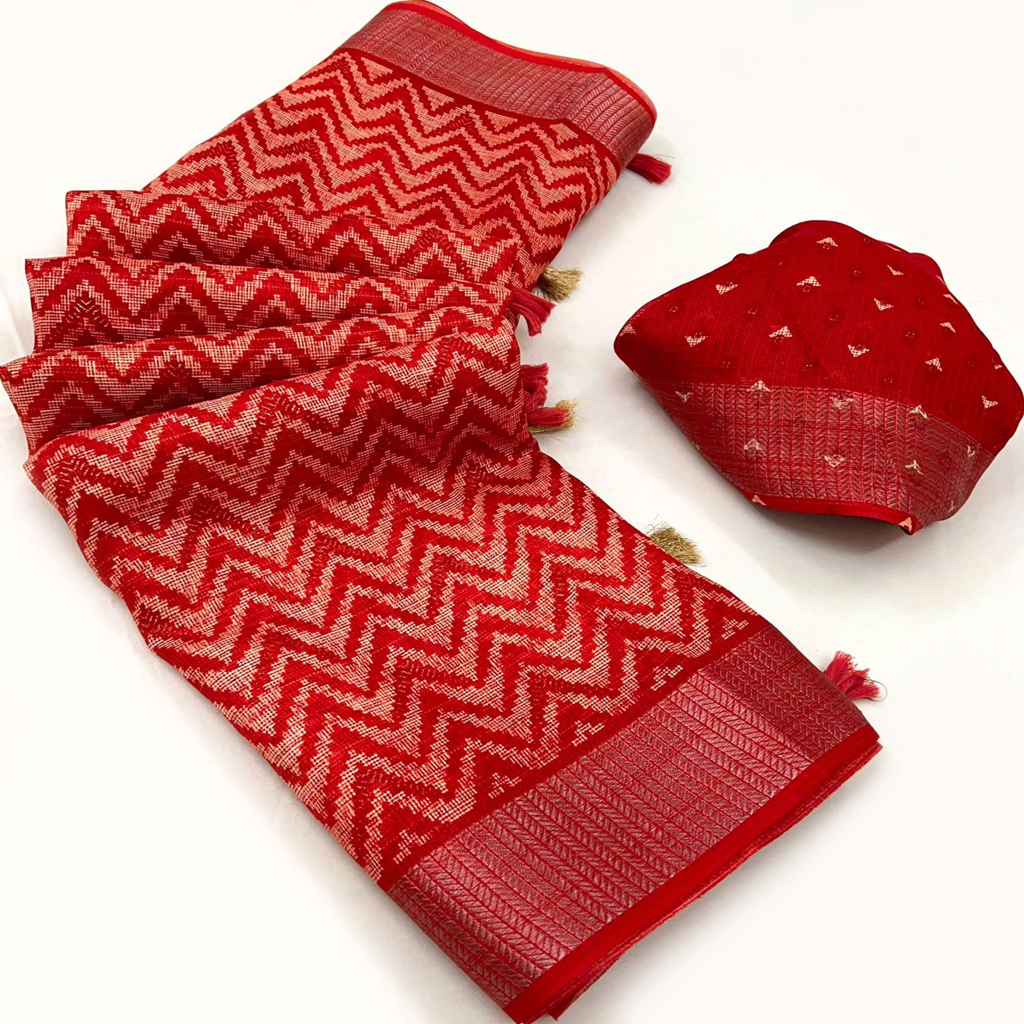 Red Zig Zag Printed Kota Doria Saree With Tassels