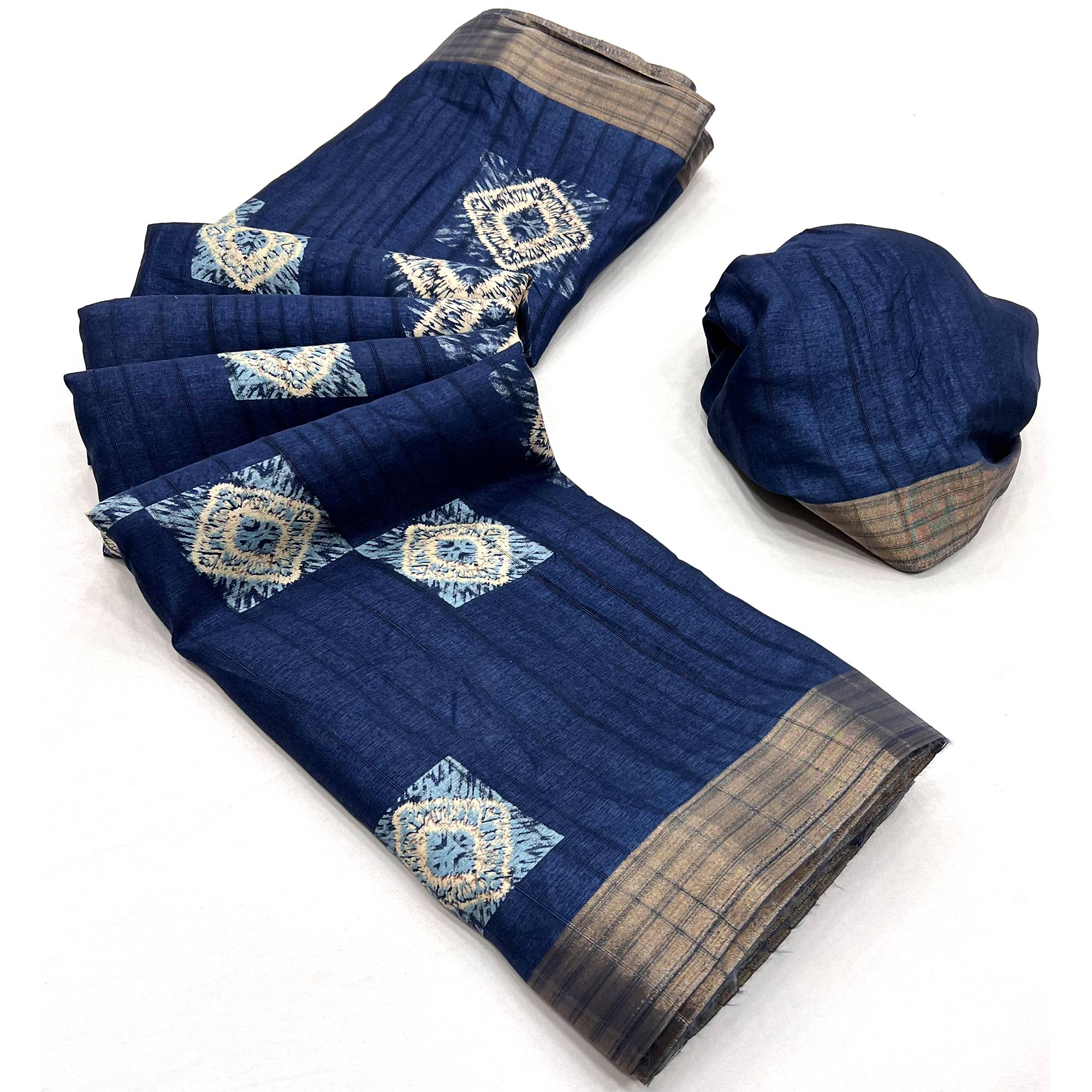 Blue Printed Cotton Blend Saree With Zari Border