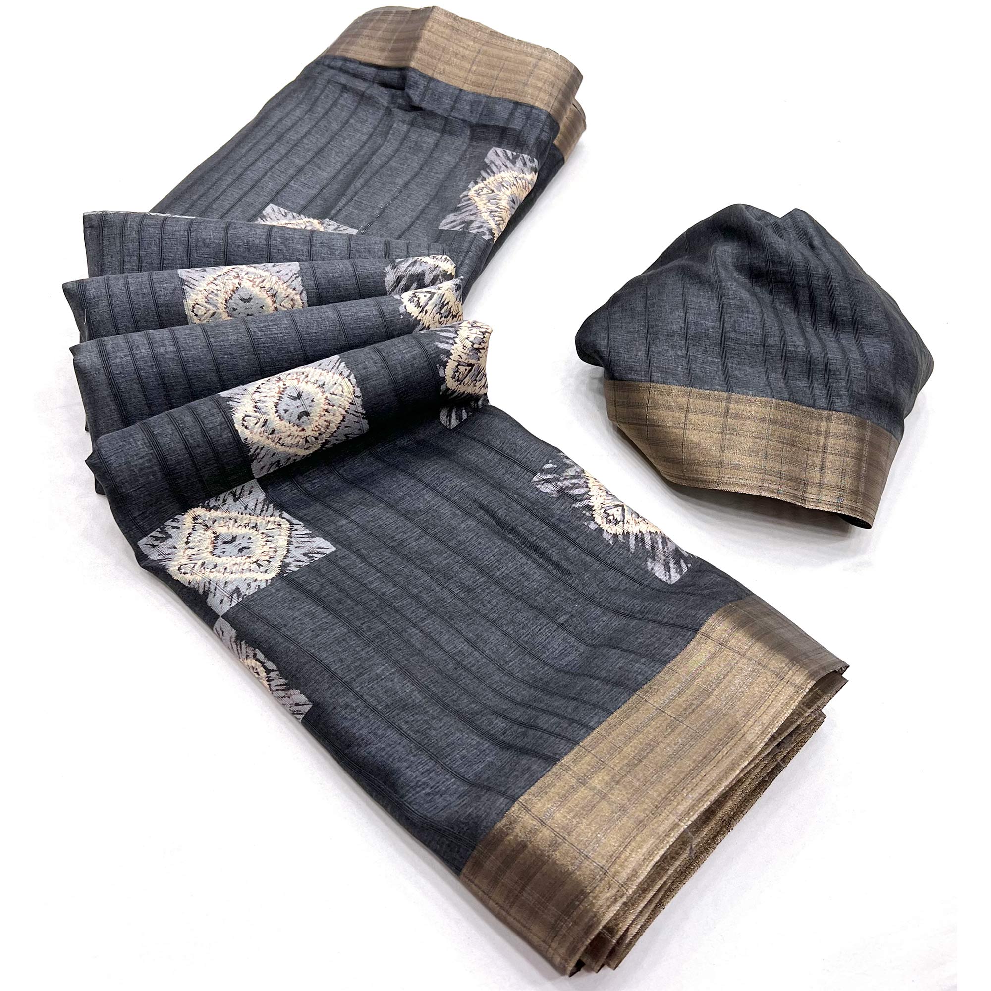 Grey Printed Cotton Blend Saree With Zari Border