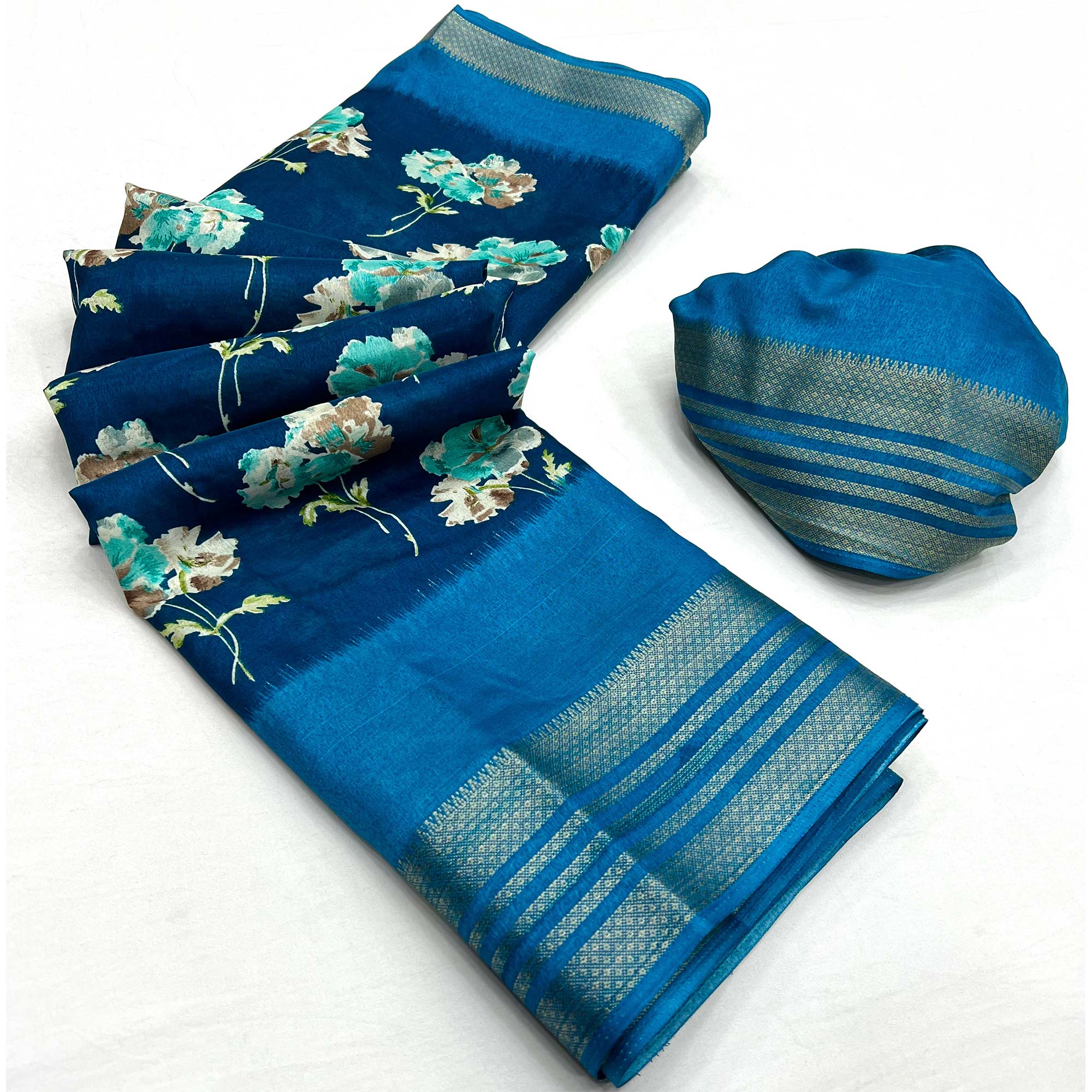 Blue Floral Printed Dola Silk Saree With Woven Border