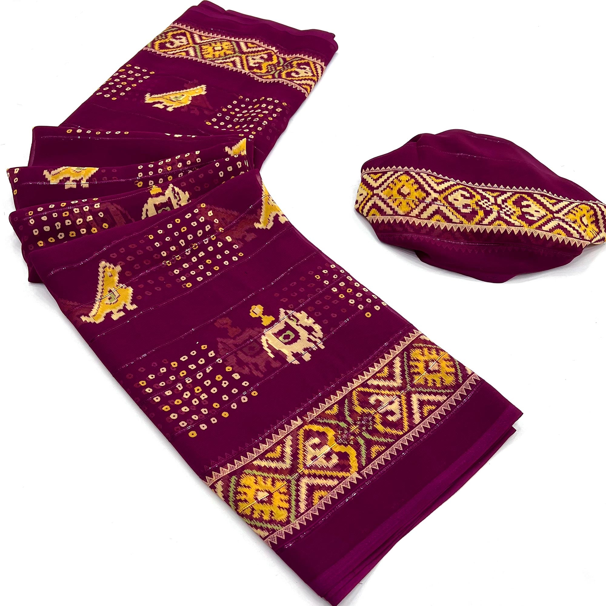 Wine Bandhani Printed With Sequins Work Georgette Saree