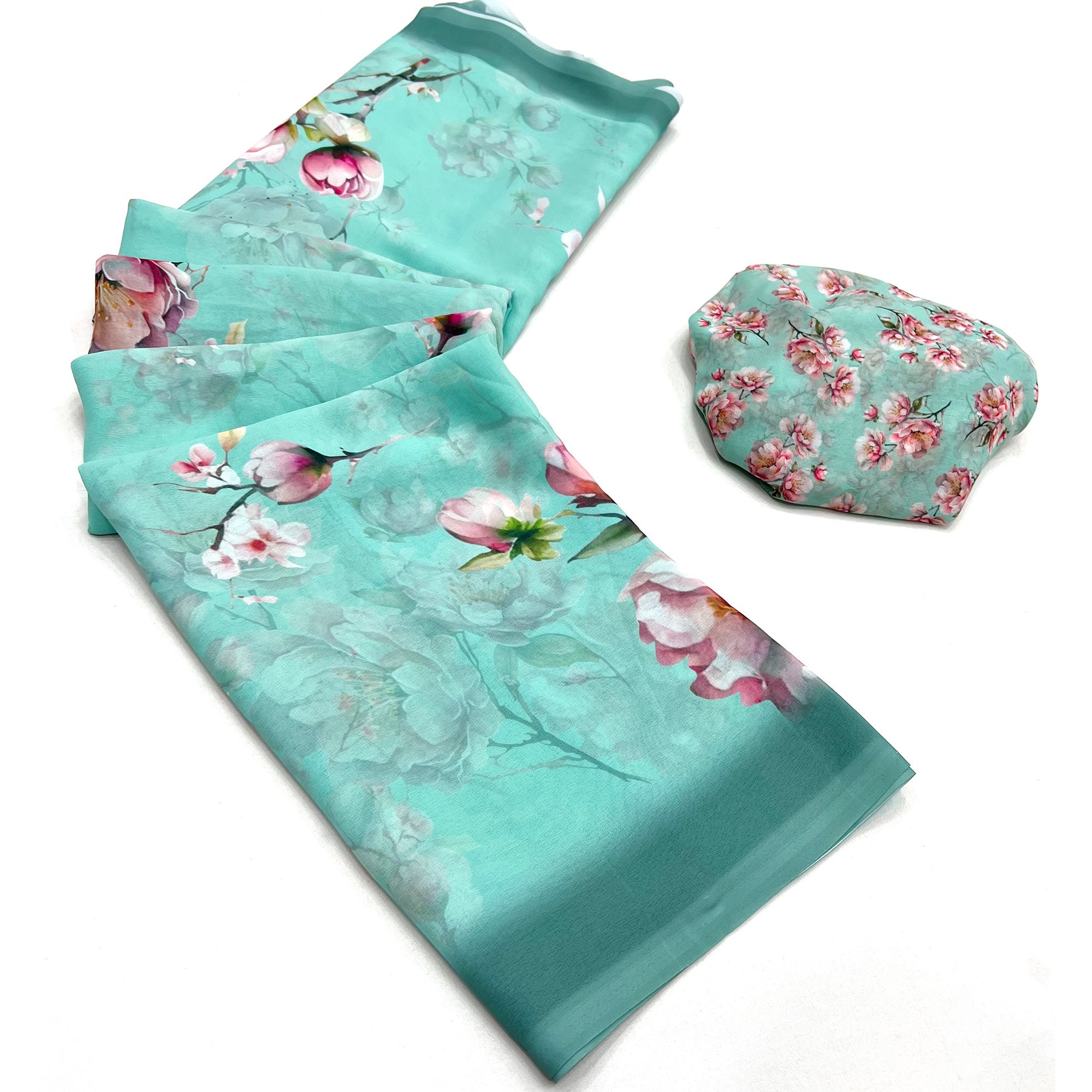 Blue Floral Digital Printed Georgette Saree