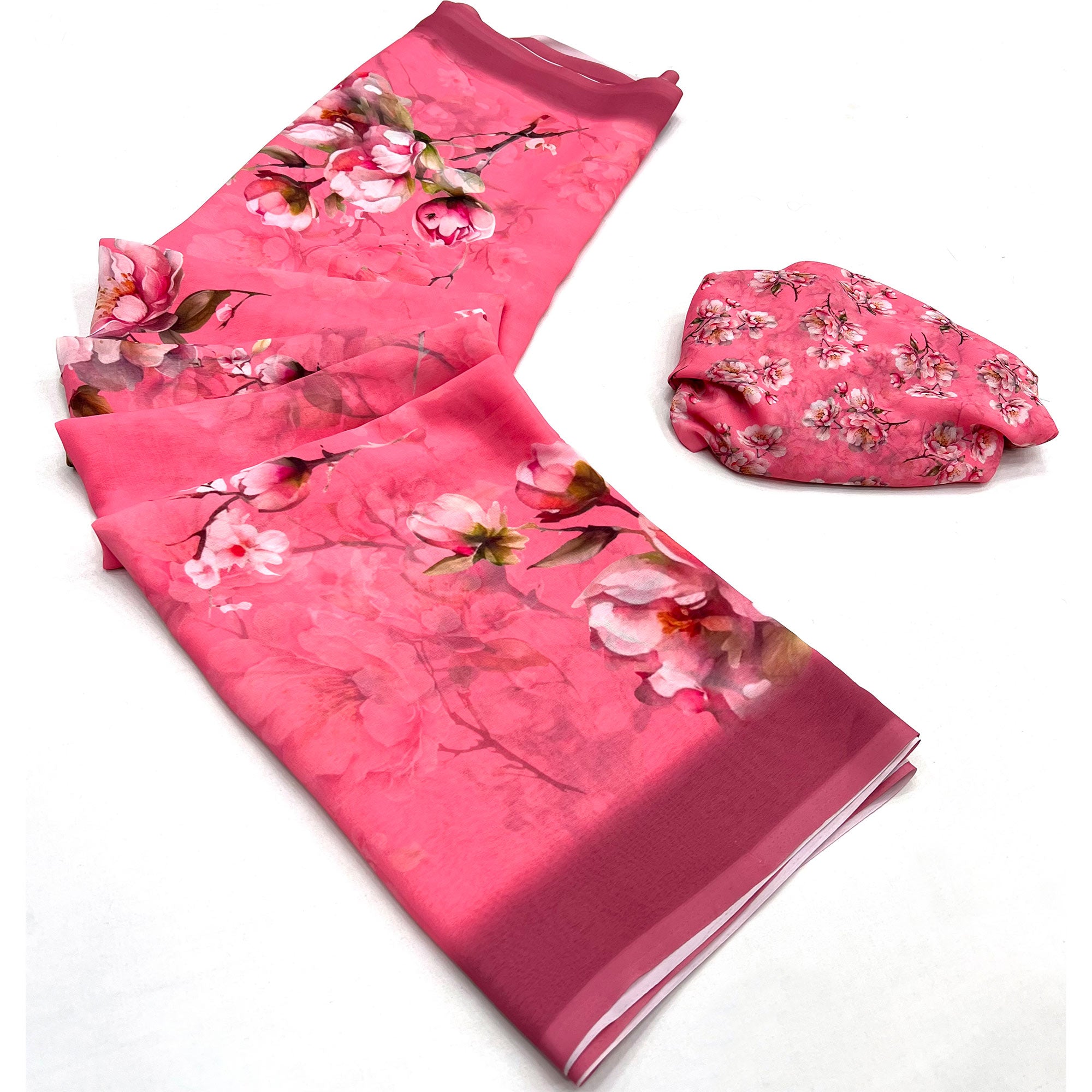 Pink Floral Digital Printed Georgette Saree