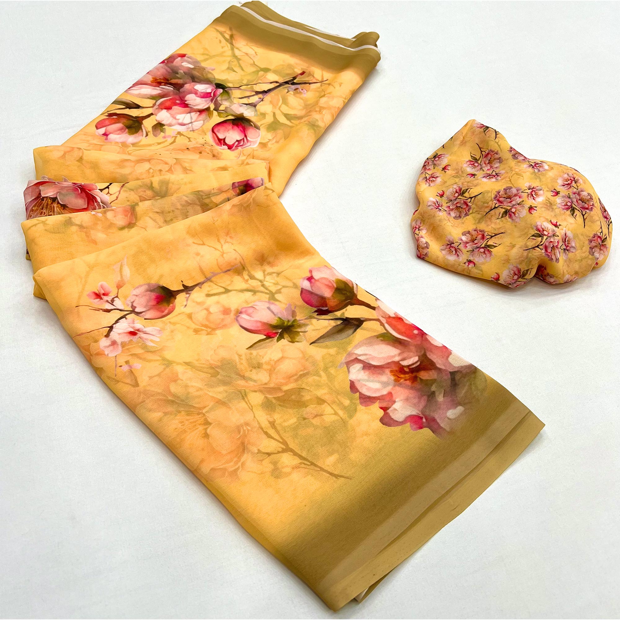 Yellow Floral Digital Printed Georgette Saree