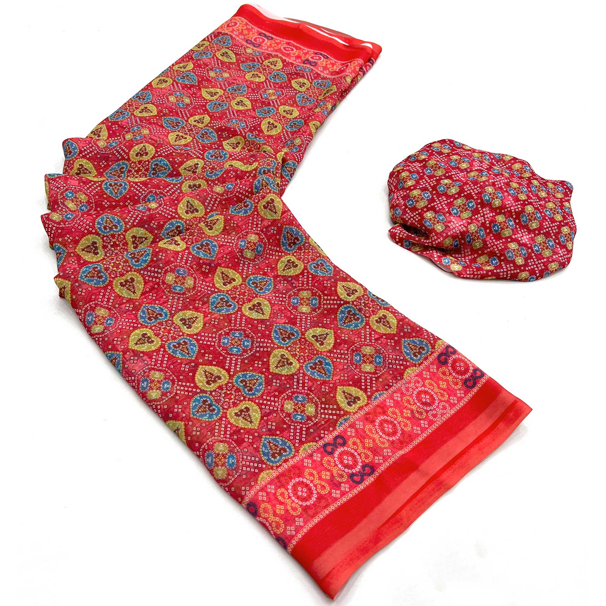 Red Bandhani Digital Printed Georgette Saree