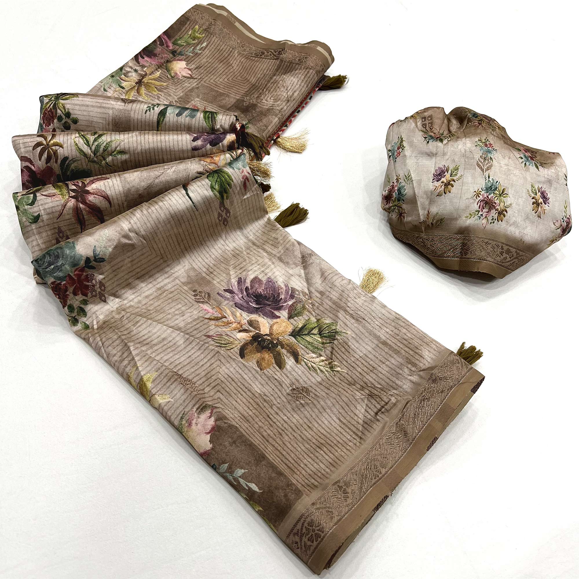 Brown Floral Digital Printed Cotton Silk Saree With Zari Border