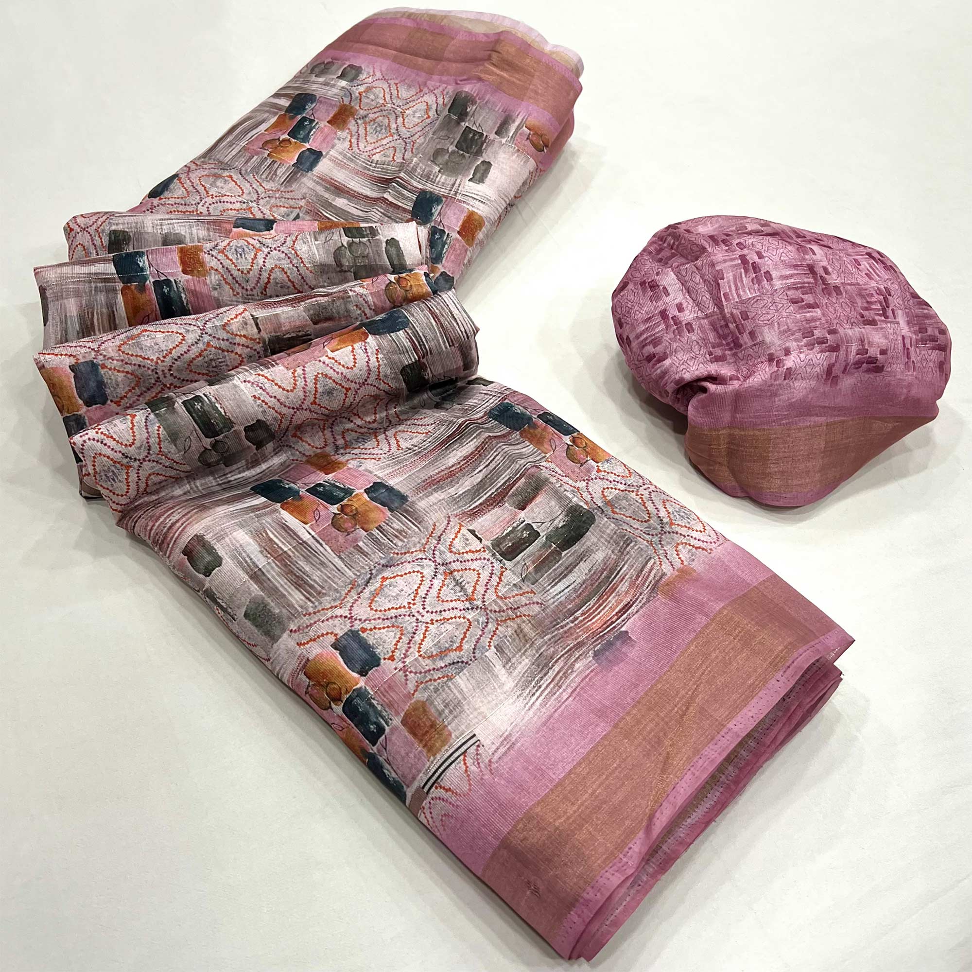 Pink Digital Printed Cotton Blend Saree With Woven Border