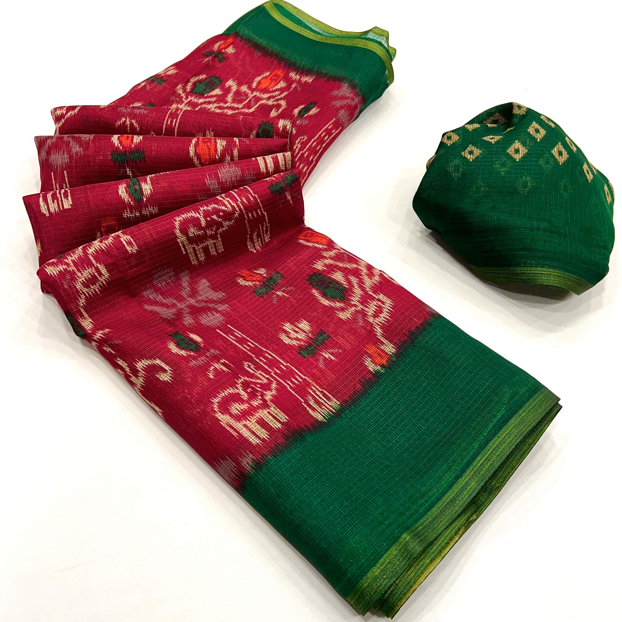 Rani Pink Printed Kota Doria Saree With Woven Border