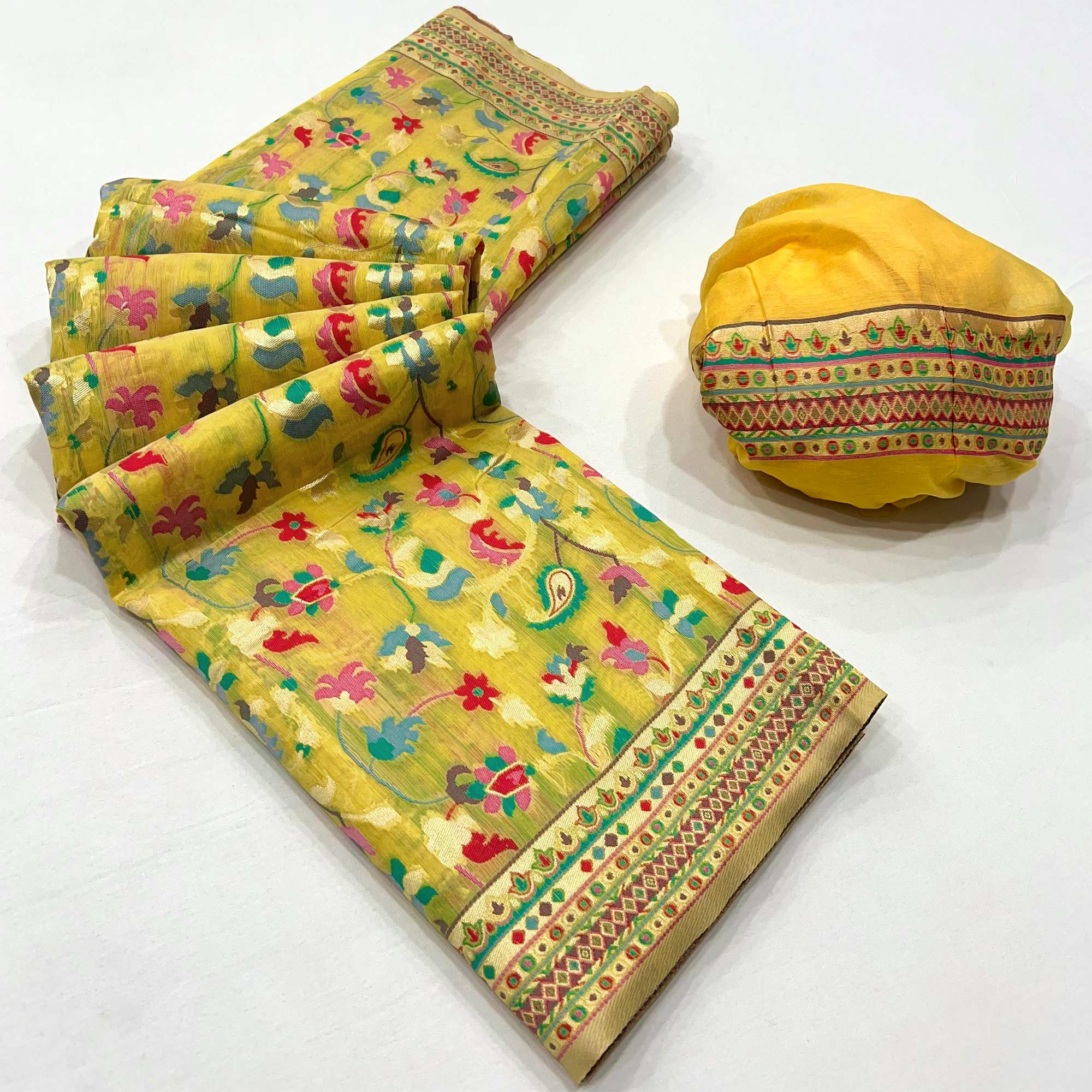 Yellow Floral Woven Cotton Blend Saree