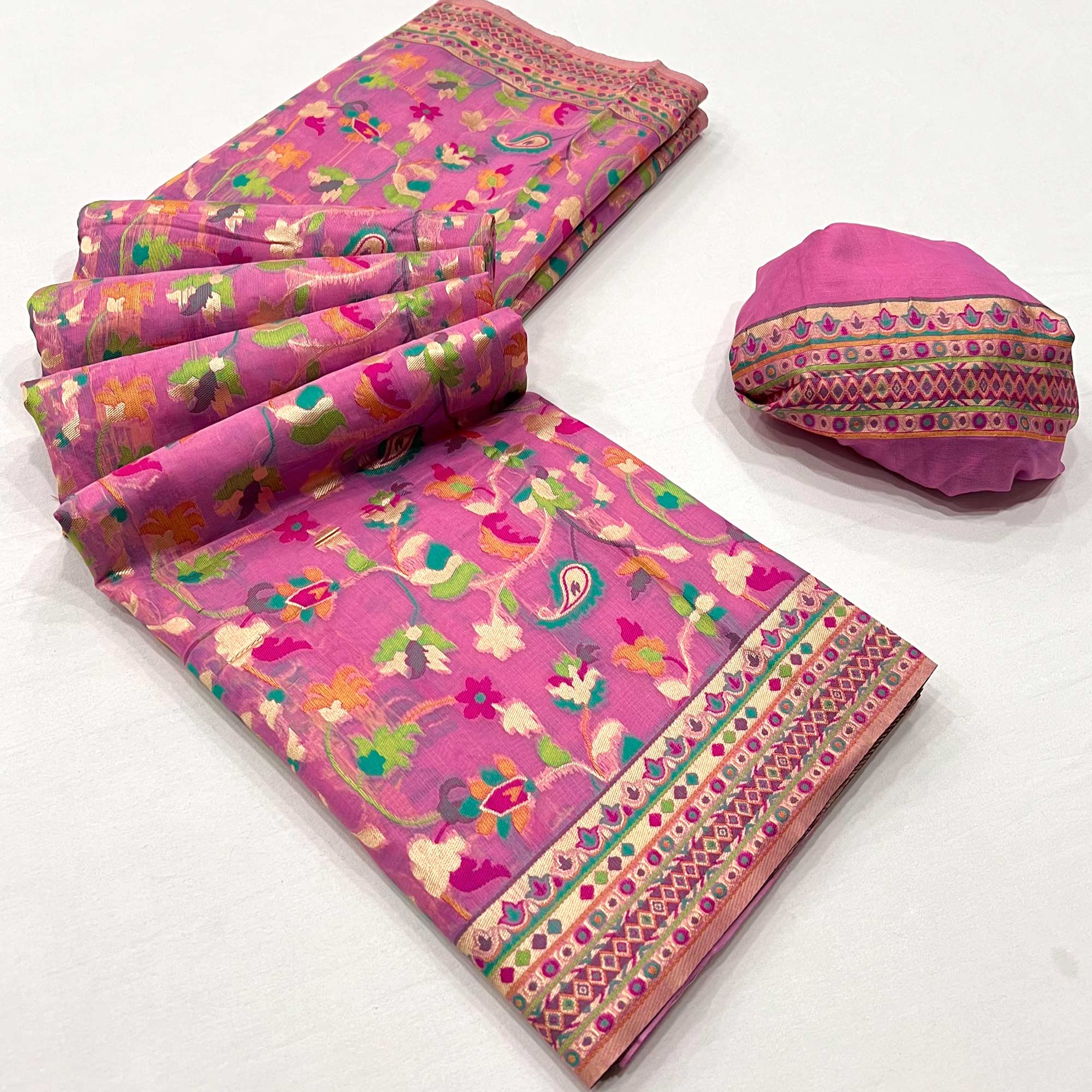 Pink Floral Woven Cotton Blend Saree