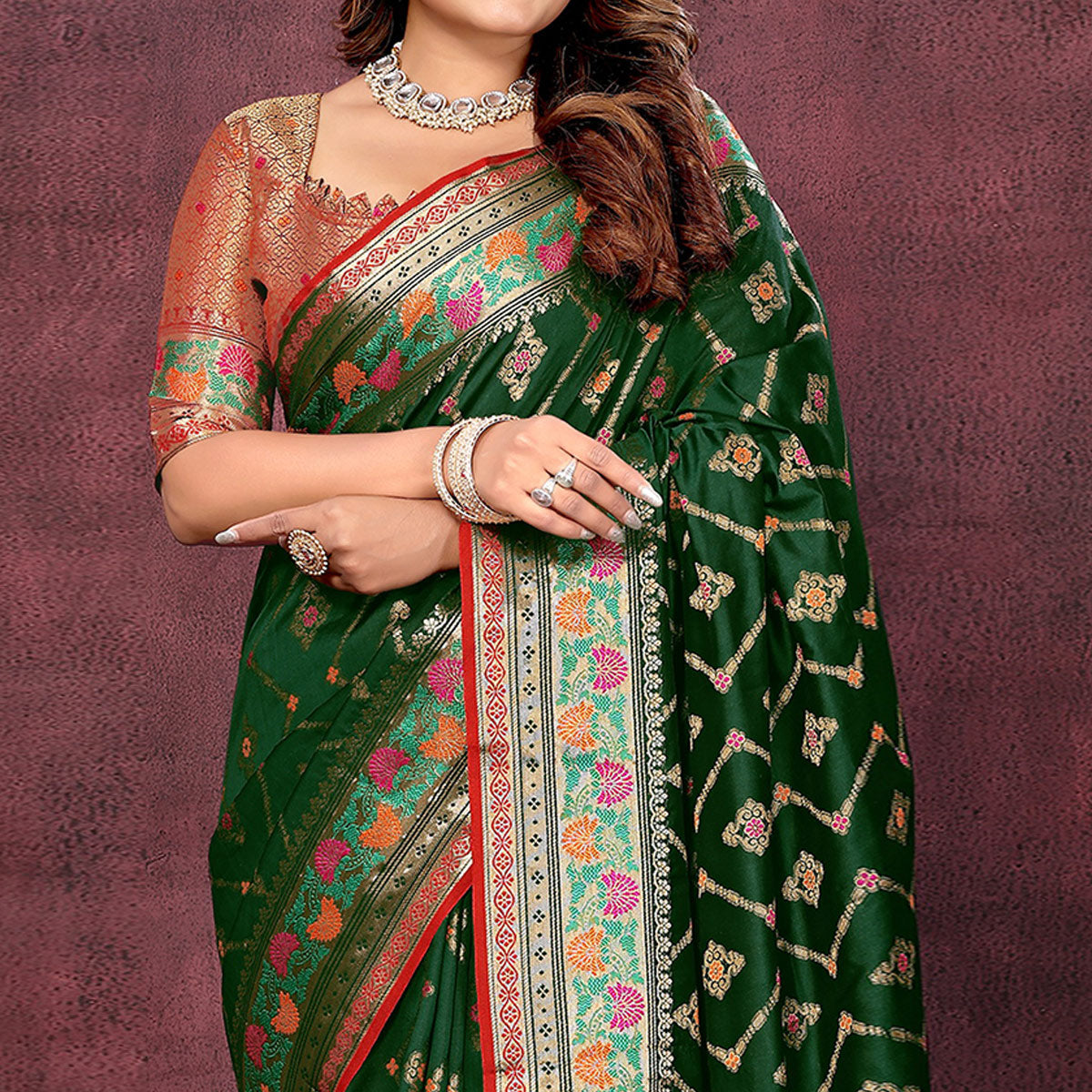 Bottle Green Flora Woven Art Silk Saree