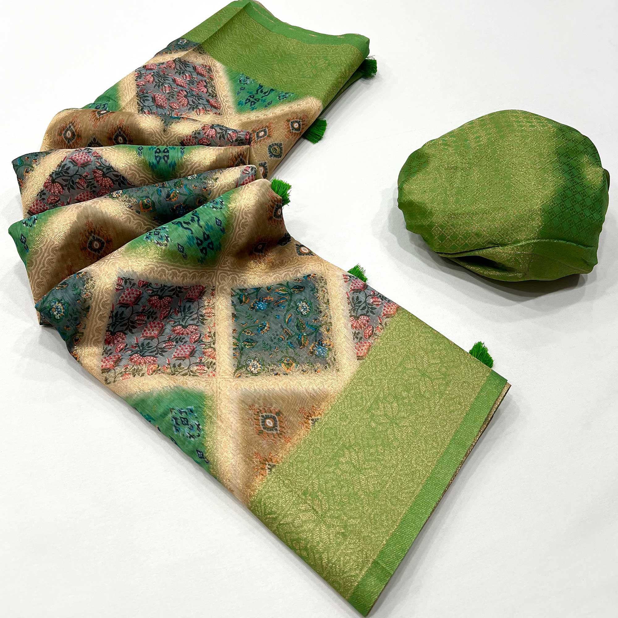 Green Woven With Floral Digital Printed Cotton Saree