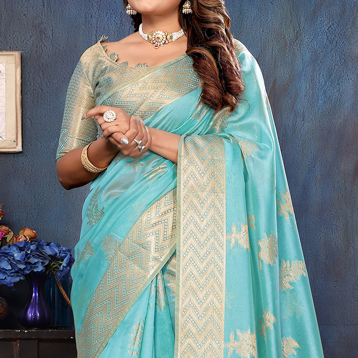 Blue Floral Woven Organza Saree