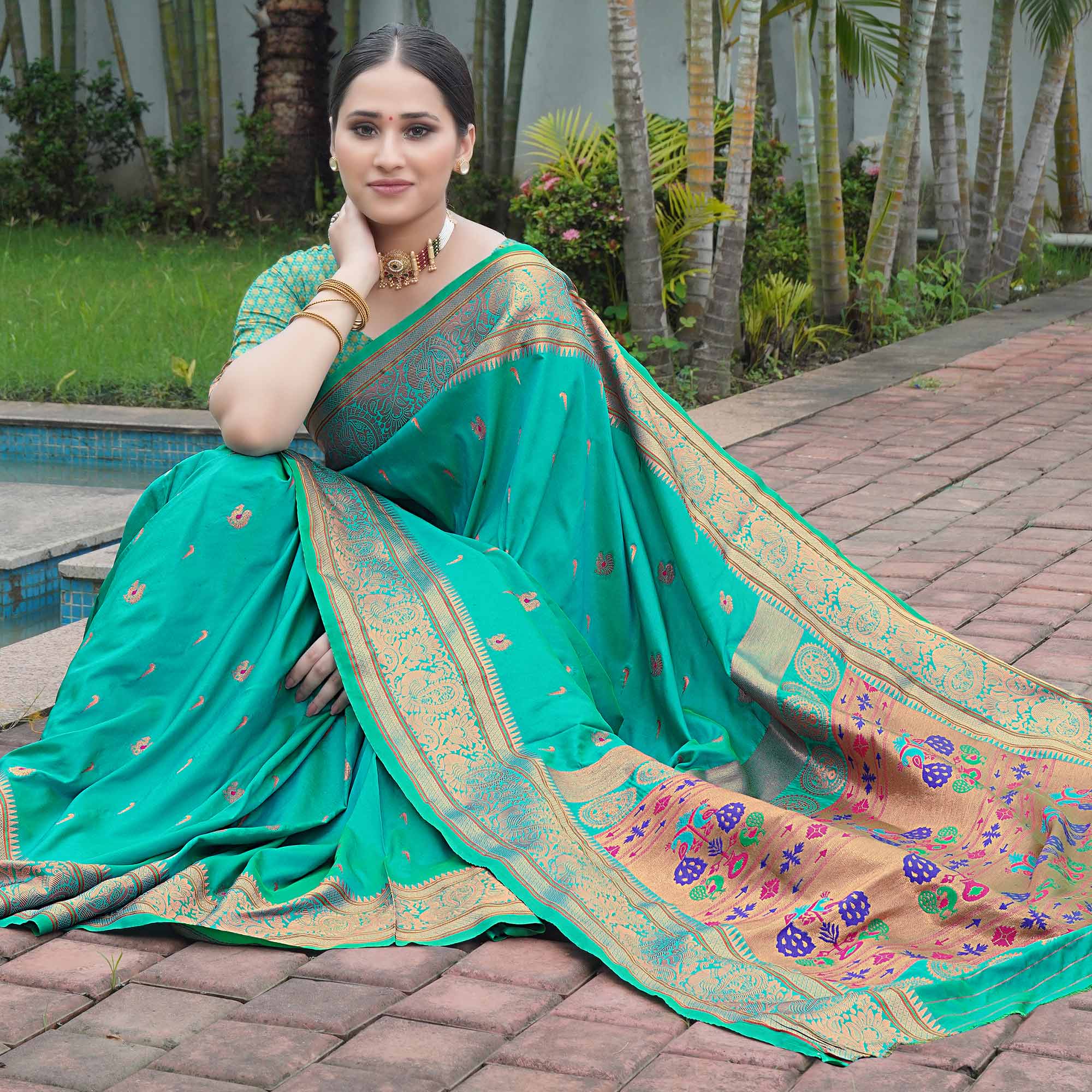 Turquoise Woven Paithani Art Silk Saree