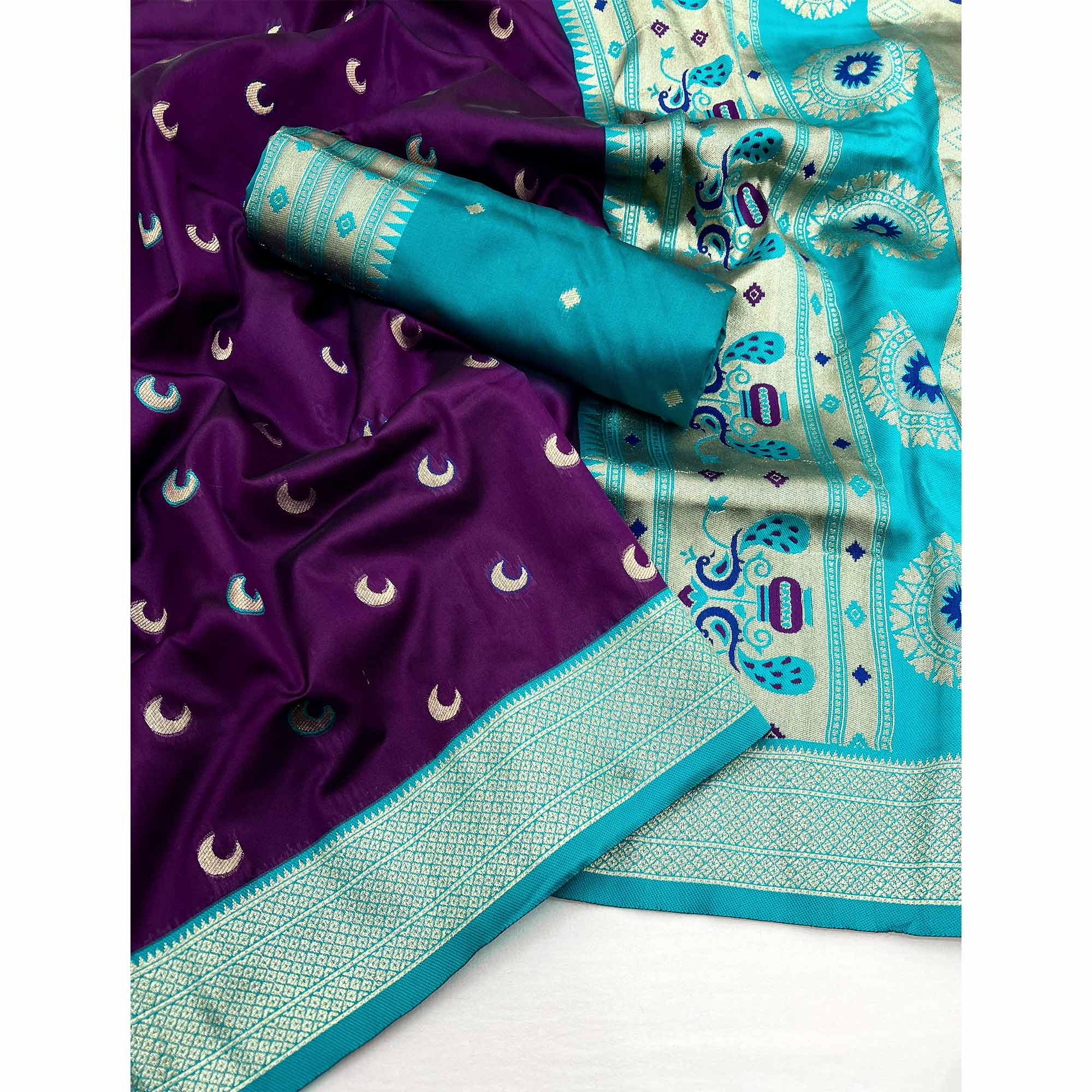 Wine & Rama Blue Woven Pure Silk Paithani Saree
