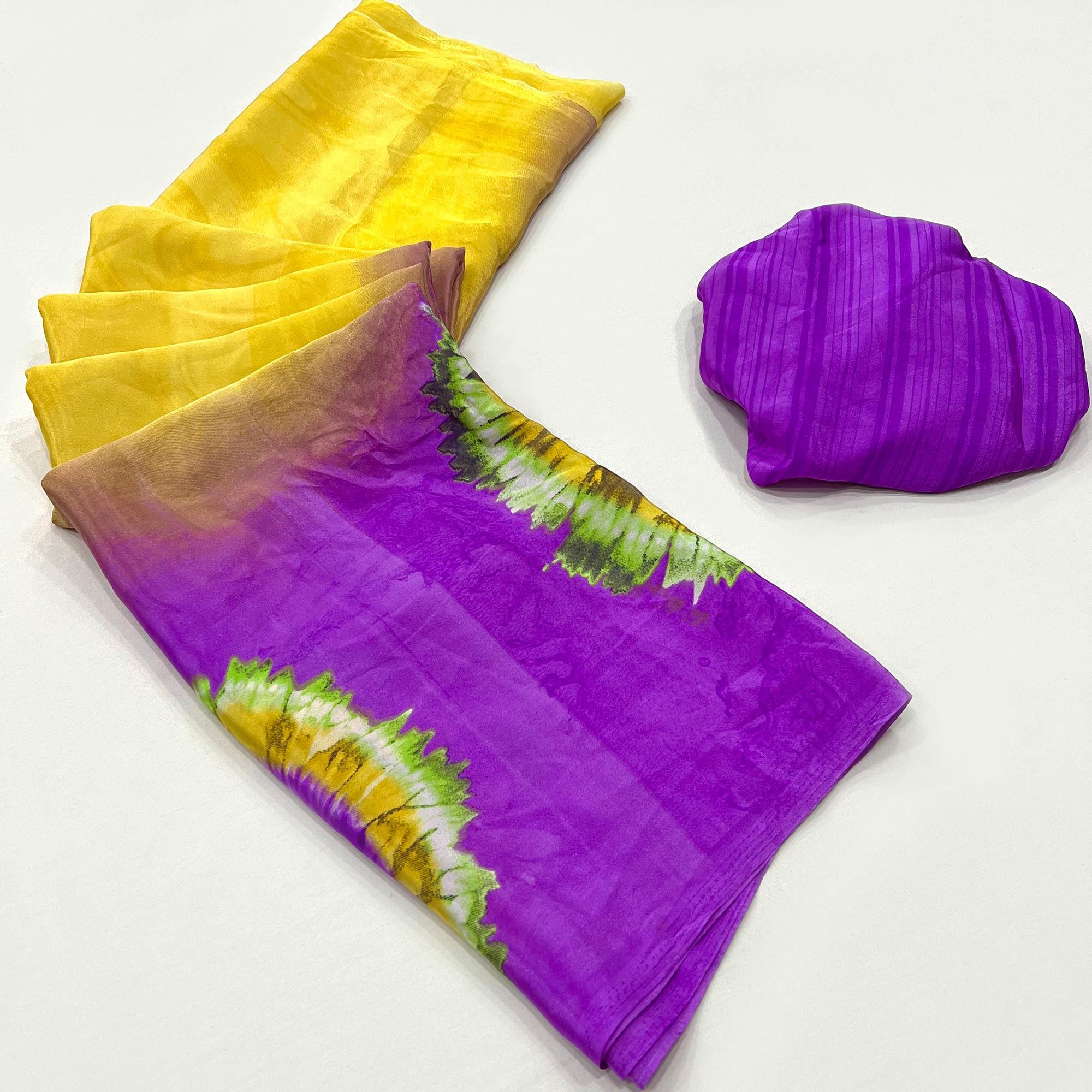 Purple & Yellow Printed Crepe Silk Saree