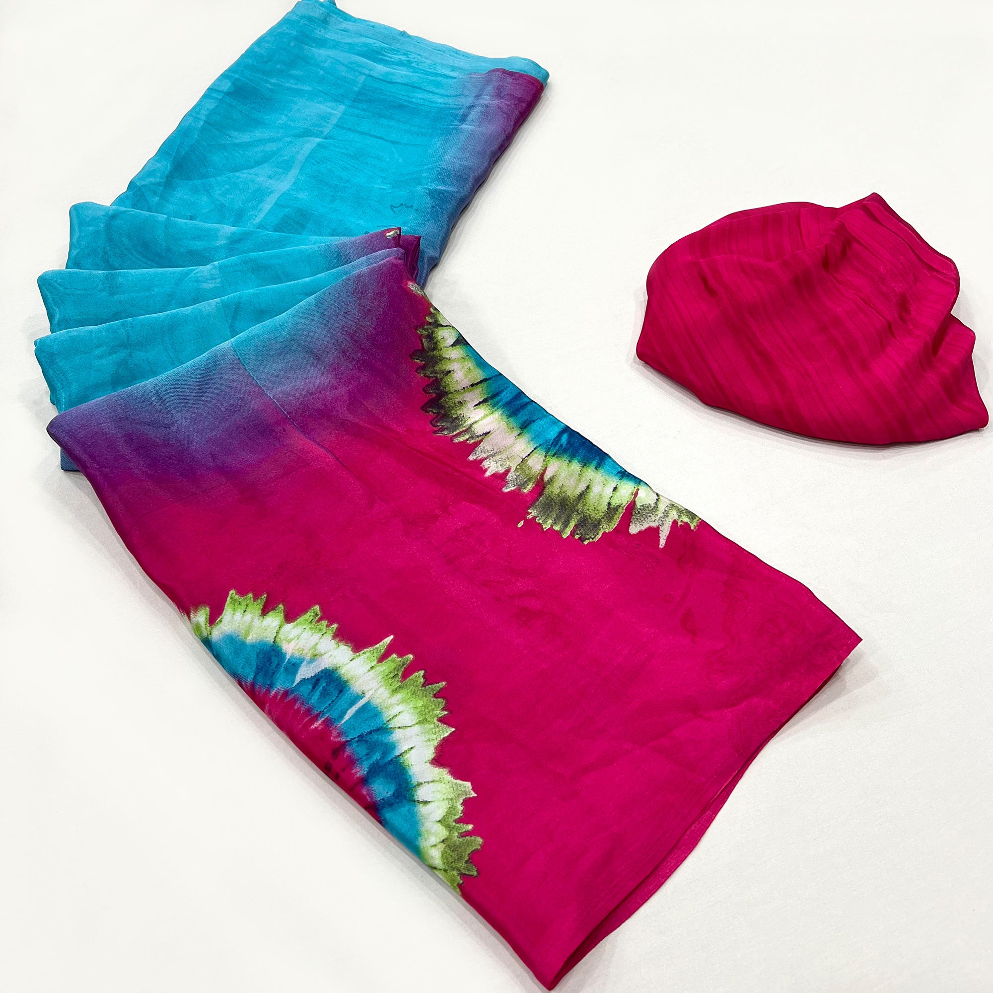 Blue & Pink Printed Crepe Silk Saree