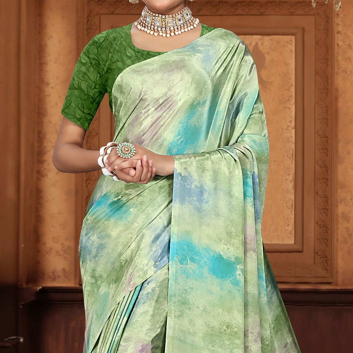 Green Printed Crepe Silk Saree