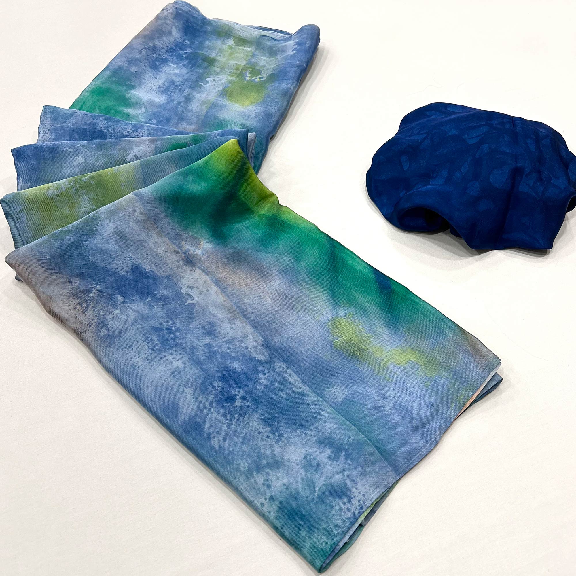 Blue Printed Crepe Silk Saree