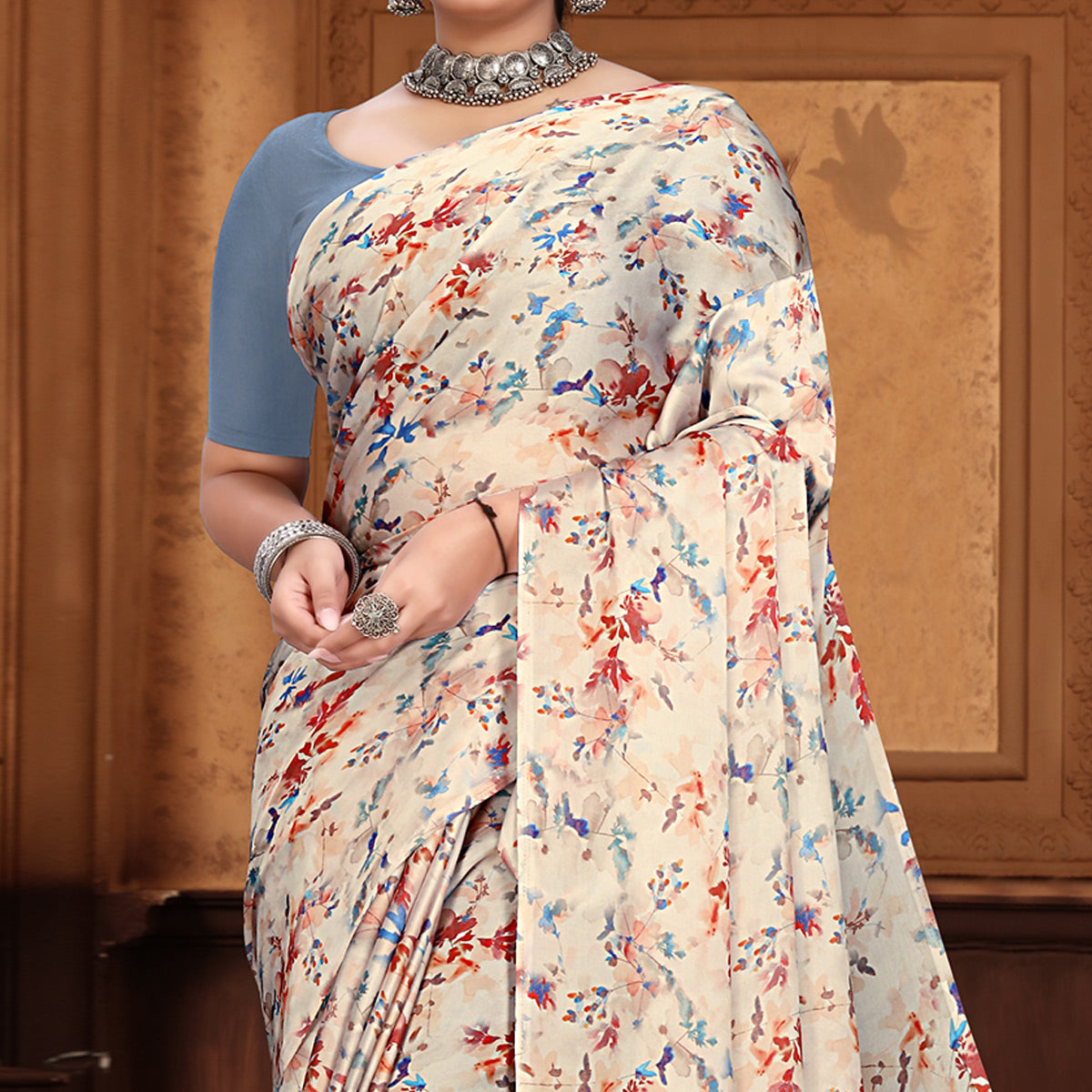 Cream Floral Digital Printed Georgette Saree