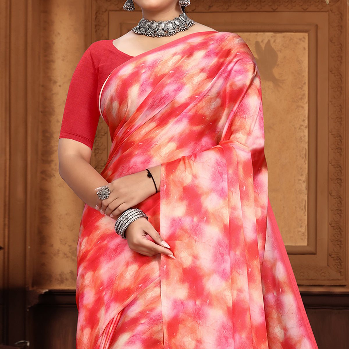 Rani Pink Abstract Digital Printed Georgette Saree