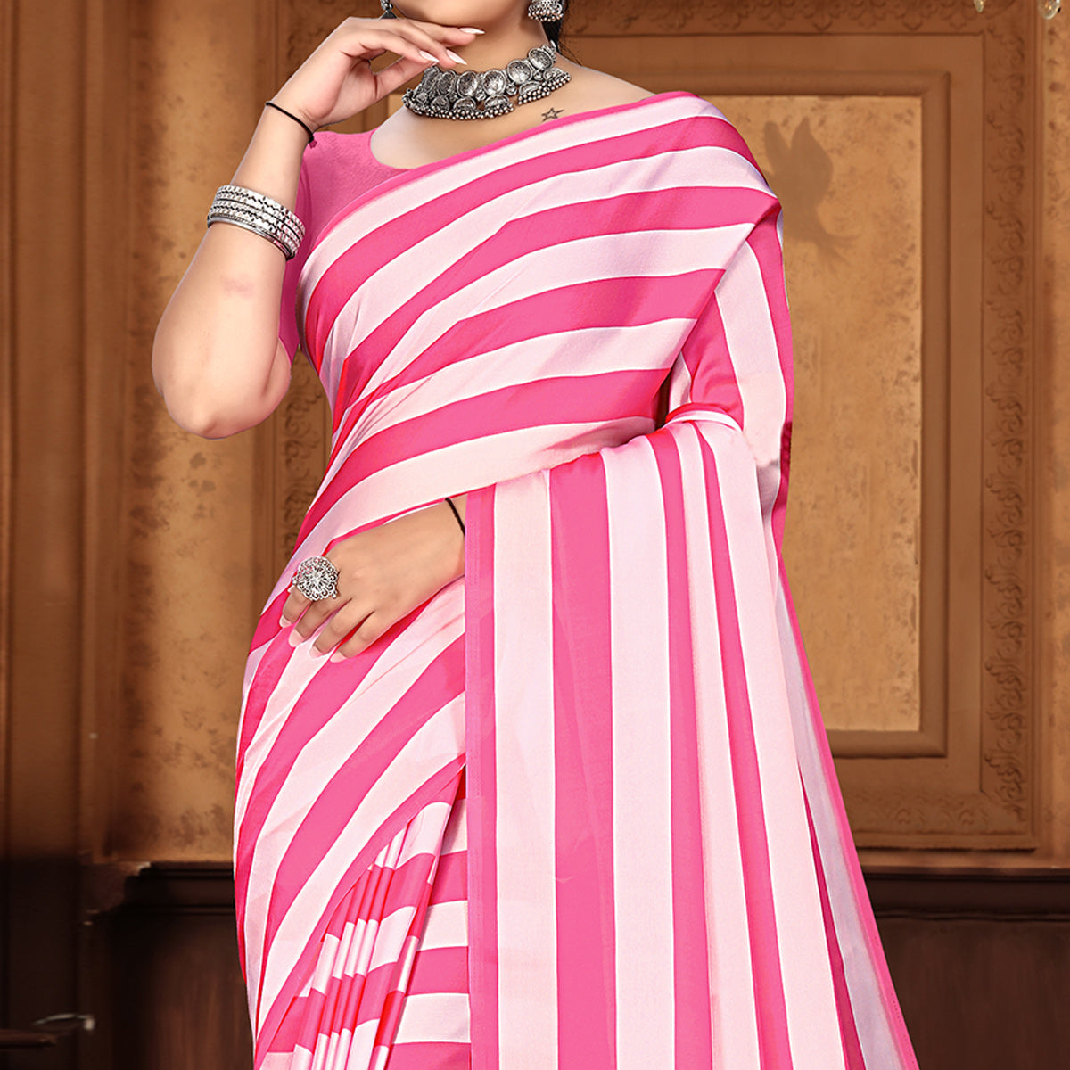 Pink Striped Digital Printed Georgette Saree