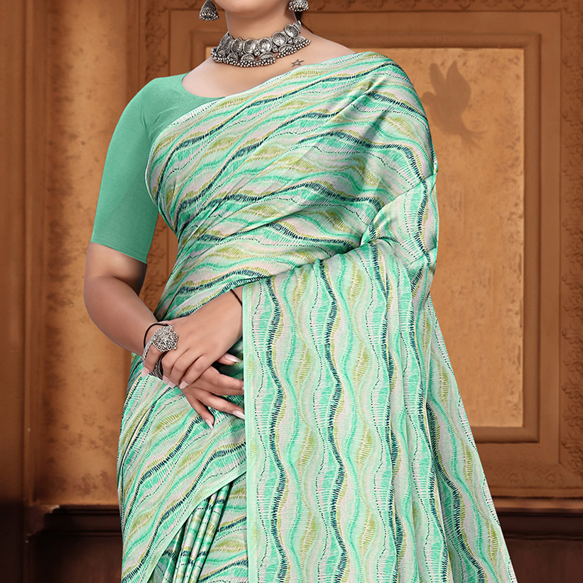 Green Zig Zag  Digital Printed Georgette Saree