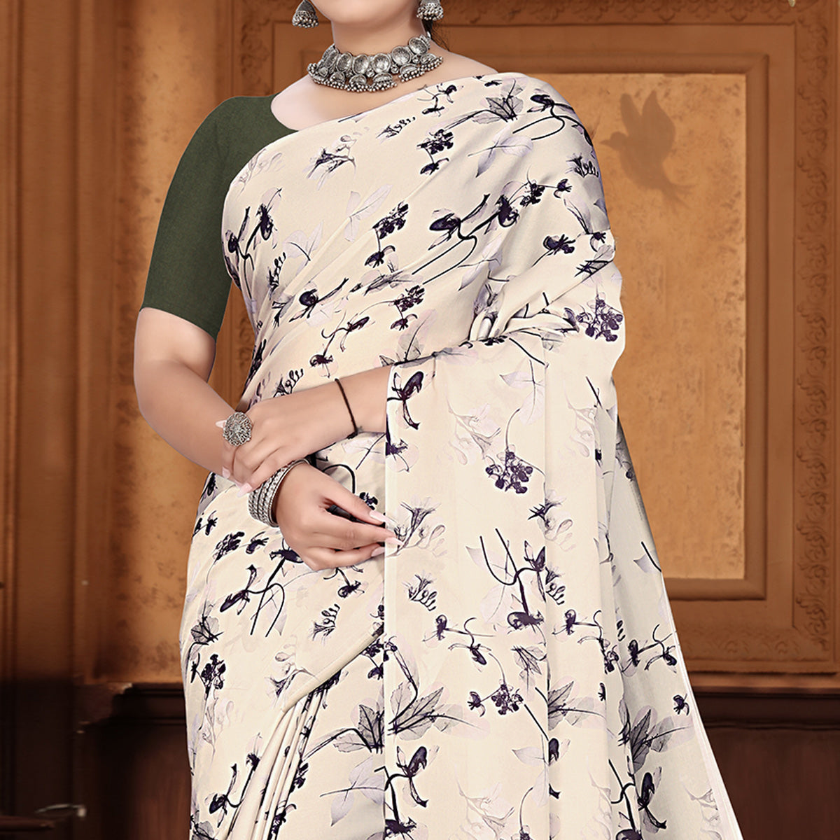 Offwhite Floral Digital Printed Georgette Saree