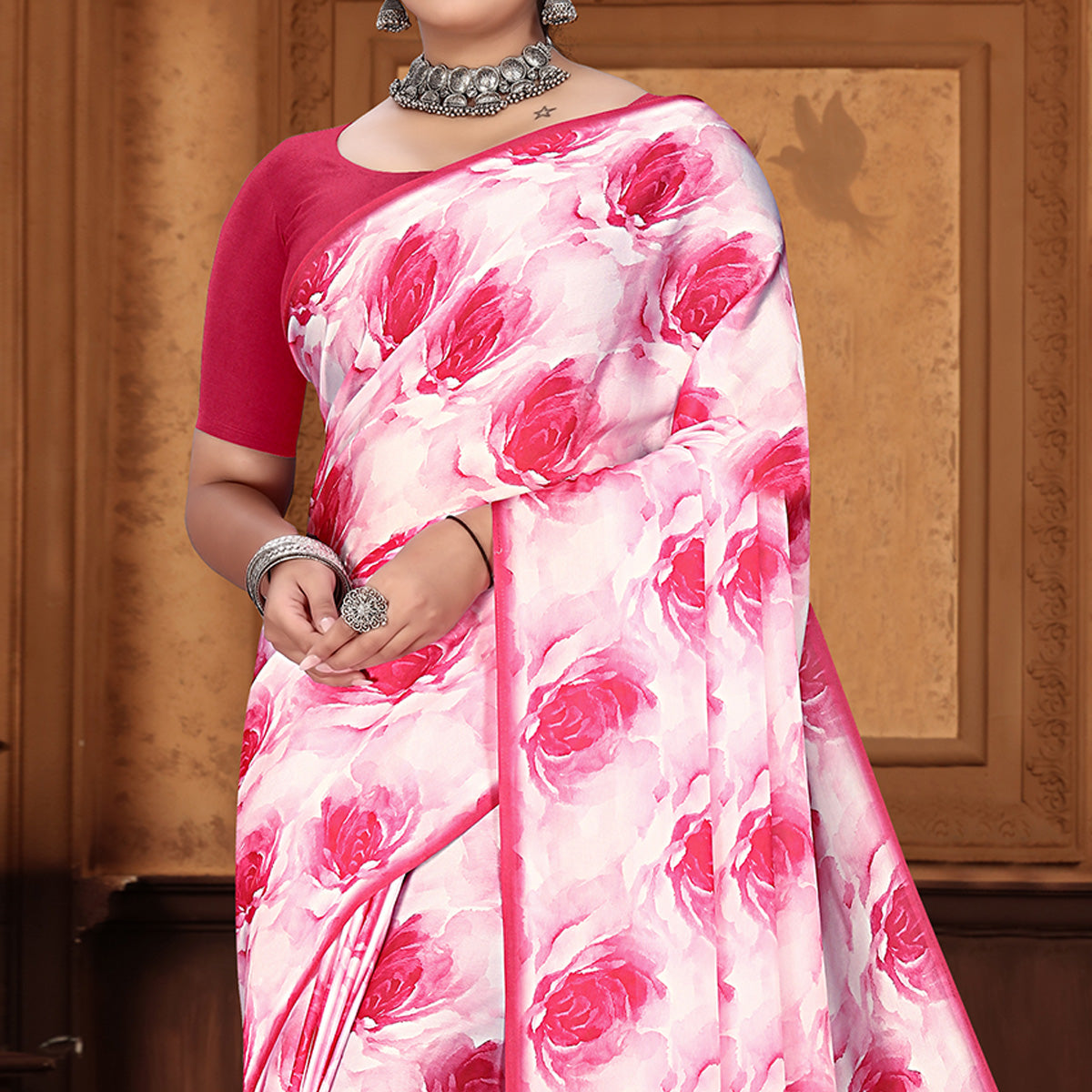 Pink Floral Digital Printed Georgette Saree