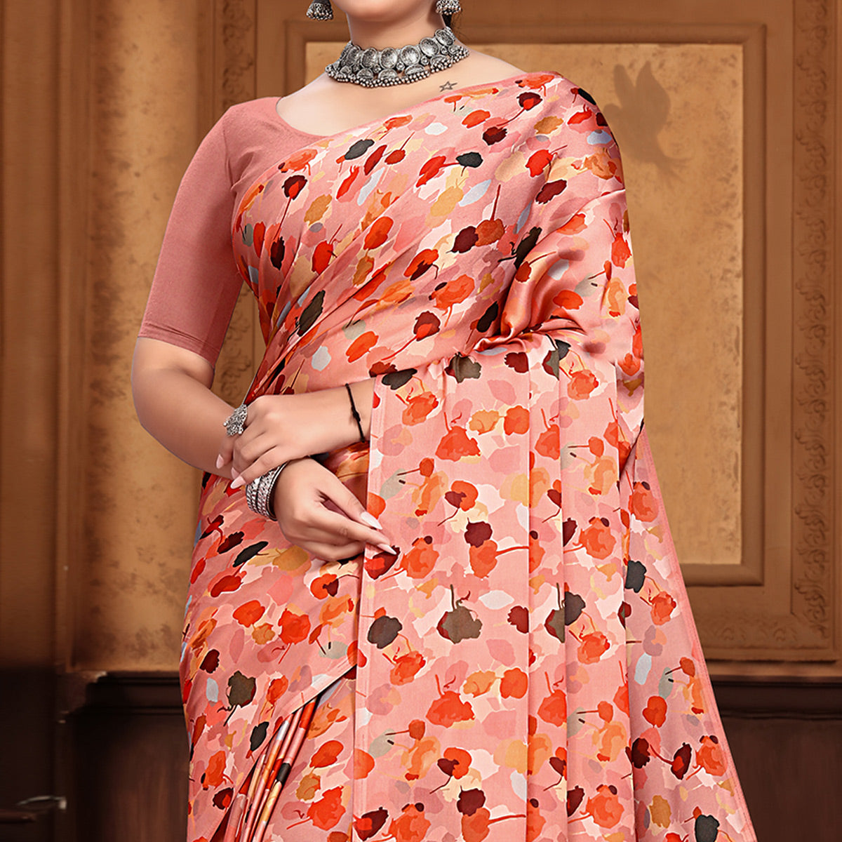 Peach Floral Digital Printed Georgette Saree