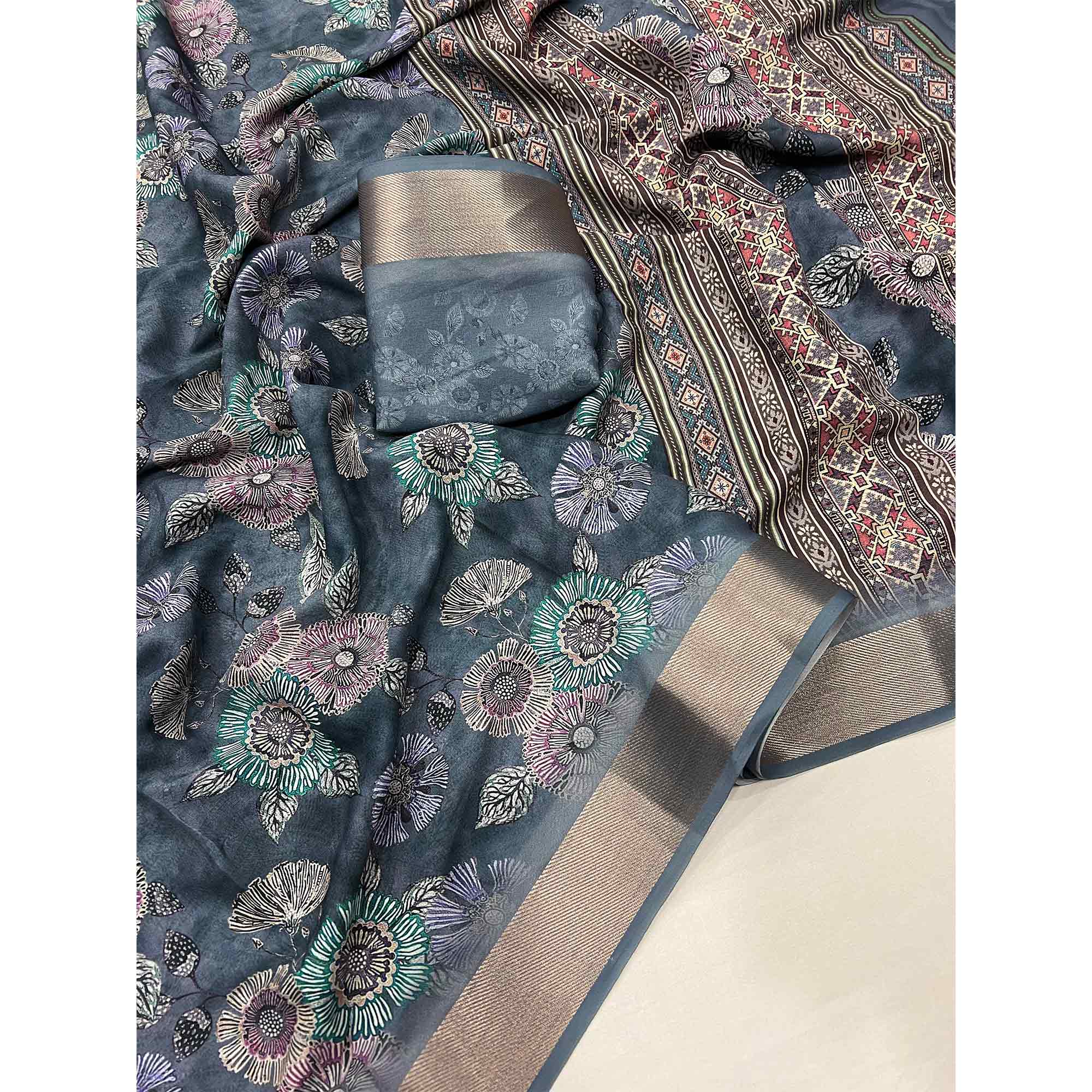 Grey Floral Digital Printed Moss Georgette Saree With Zari Border