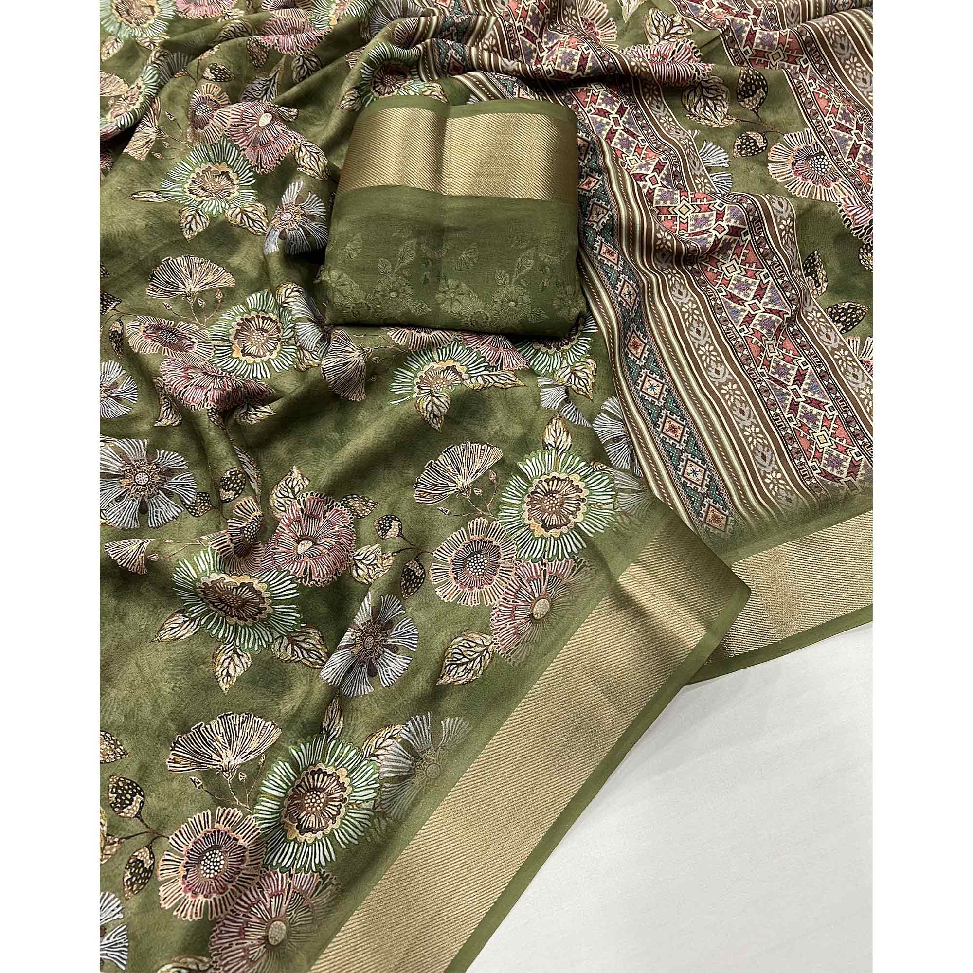 Green Floral Digital Printed Moss Georgette Saree With Zari Border