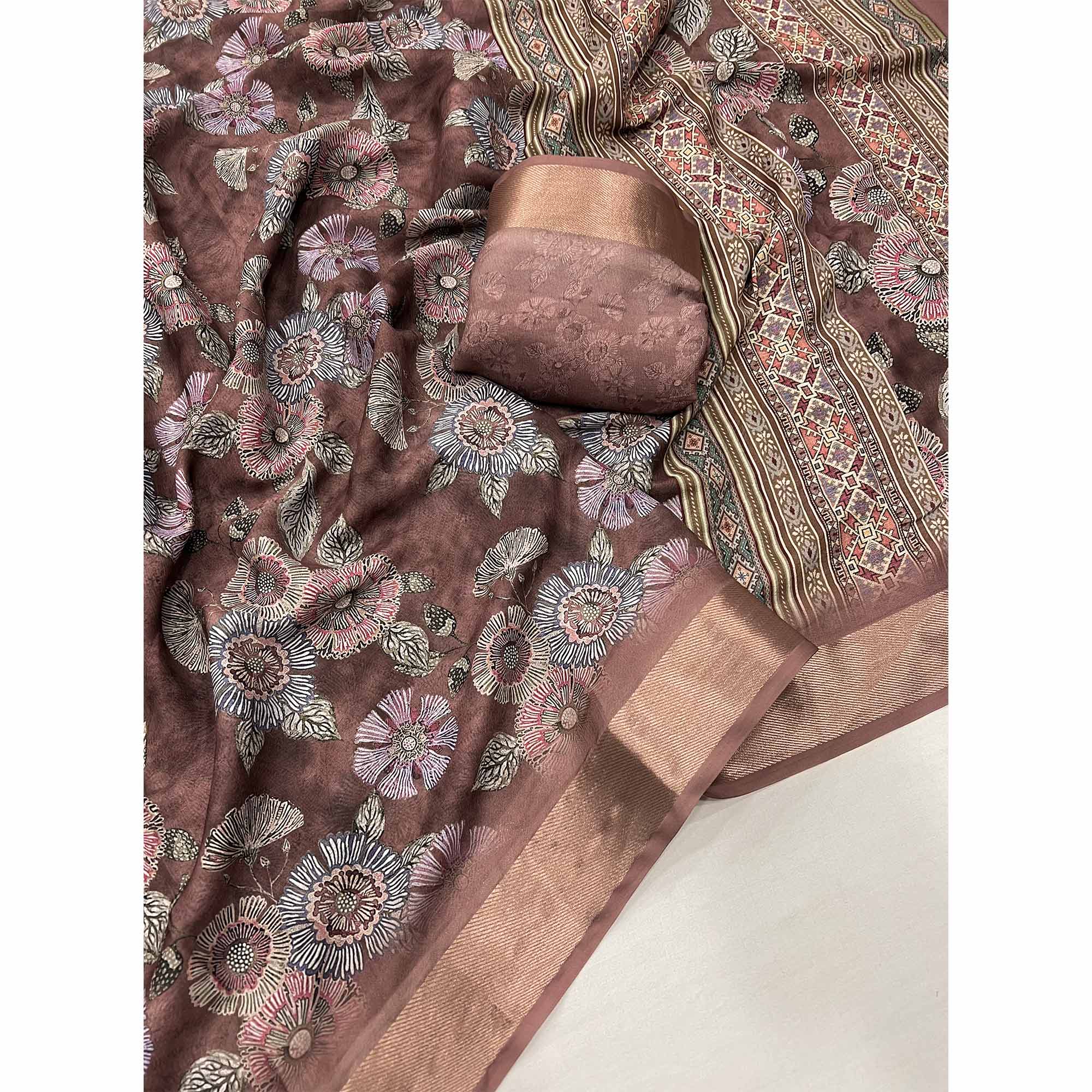 Brown Floral Digital Printed Moss Georgette Saree With Zari Border