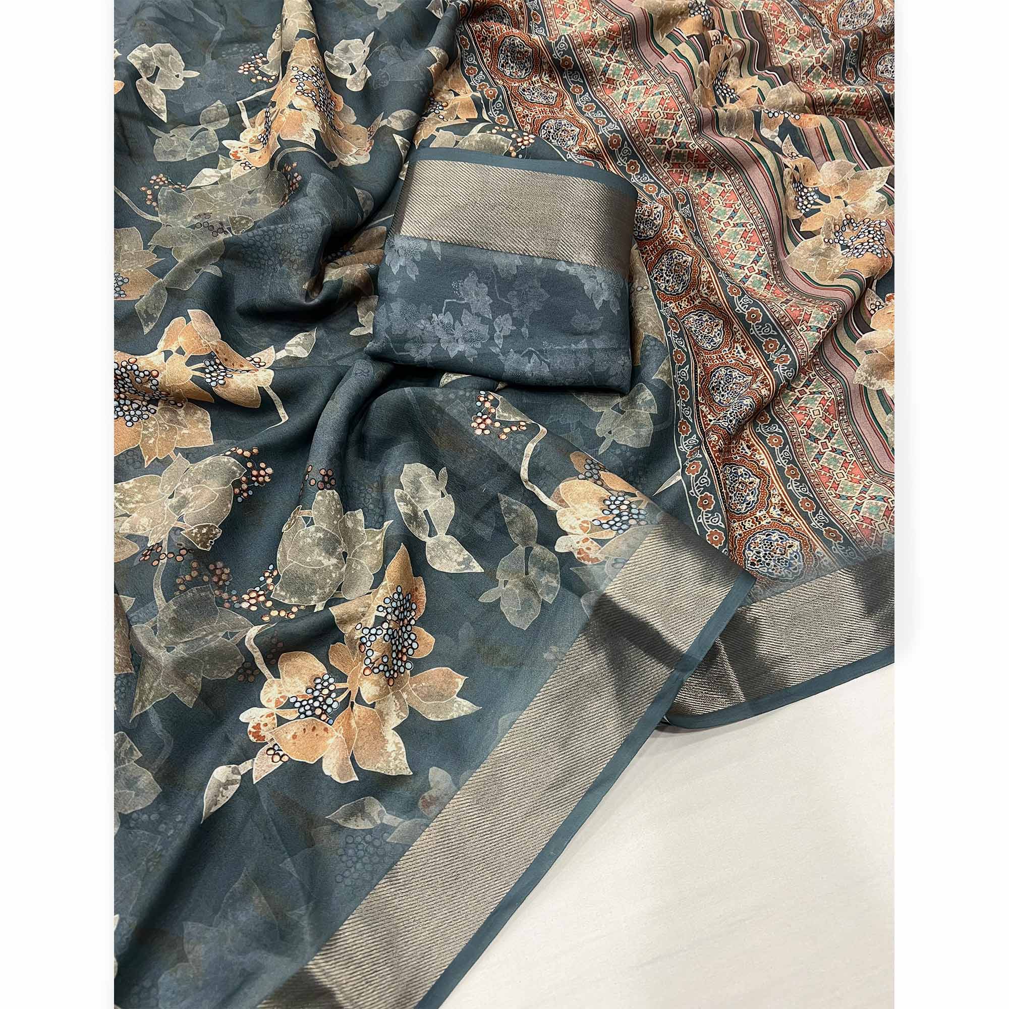Grey Floral Digital Printed Moss Georgette Saree With Zari Border