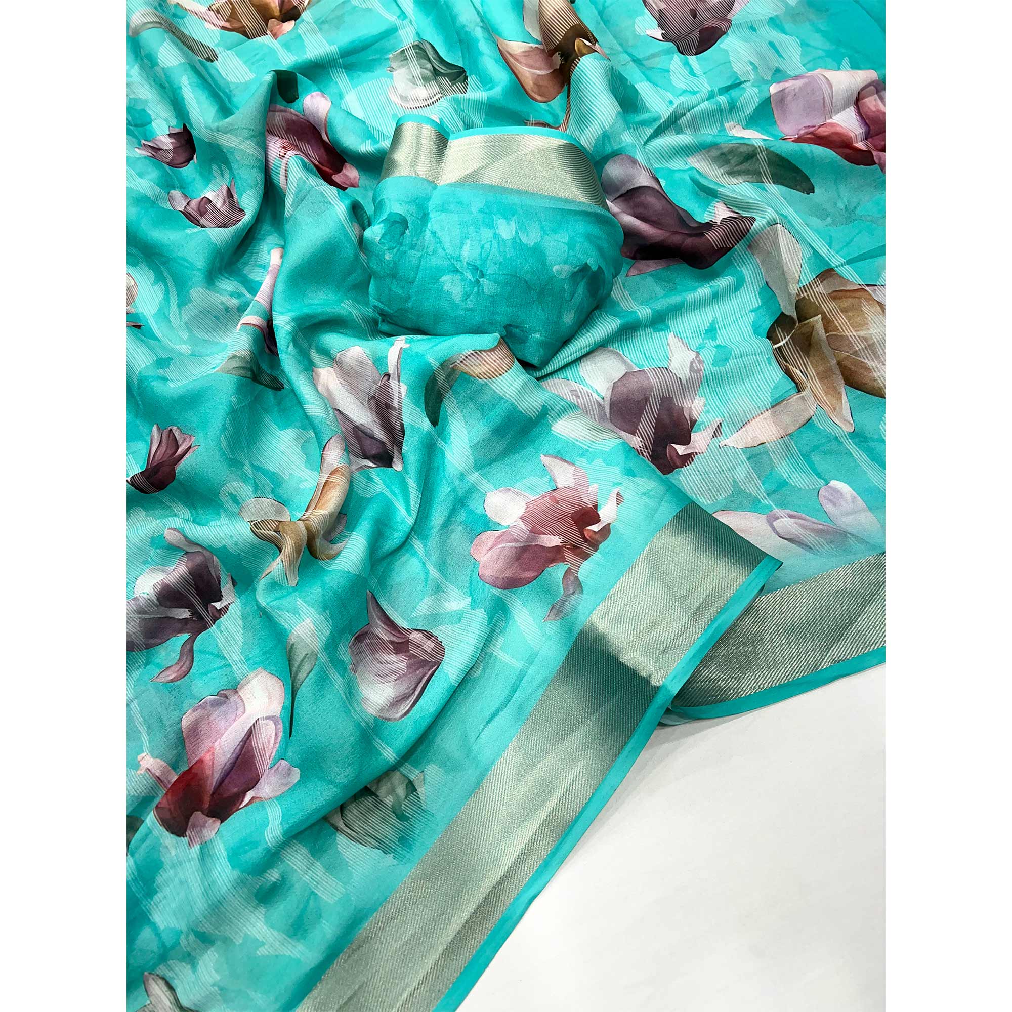 Turquoise Floral Digital Printed Moss Georgette Saree With Zari Border