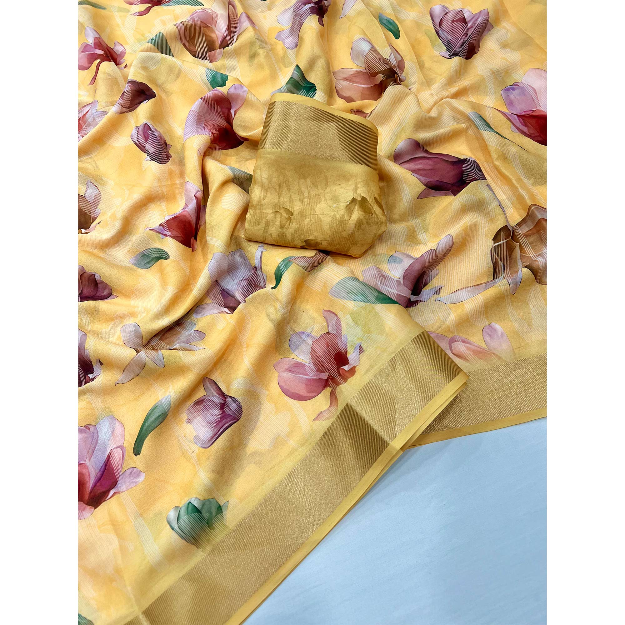 Yellow Floral Digital Printed Moss Georgette Saree With Zari Border