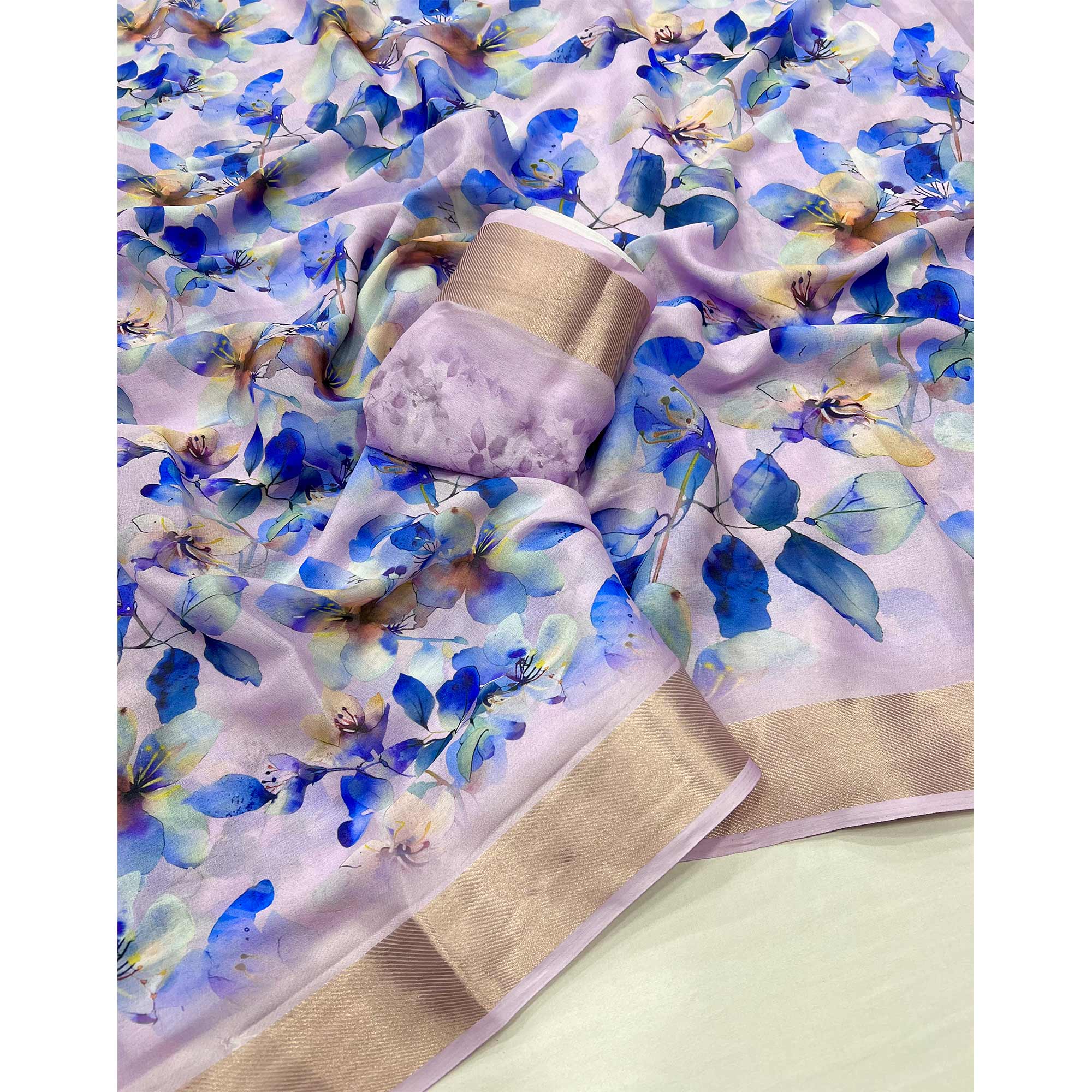 Lavender Floral Digital Printed Moss Georgette Saree With Zari Border